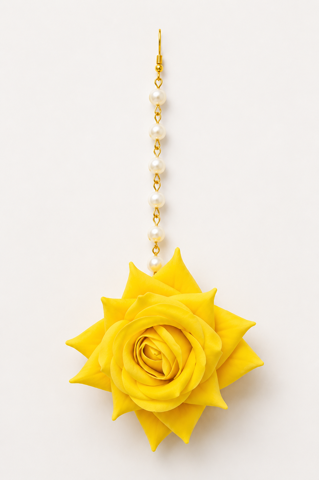 Yellow Rose Floral Jewellery Set for Women | Bridal Flower Earrings & Maang Tikka Set with Pearl Chain & Jhumka Tassels | Haldi Mehndi Jewellery | Wedding, Festive & Party Wear