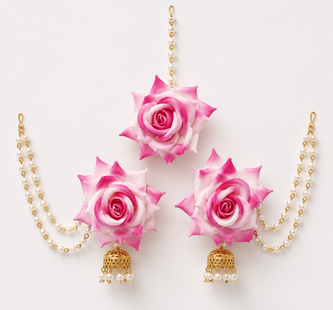 Pink & White Rose Floral Jewellery Set for Women | Bridal Flower Earrings & Maang Tikka Set with Pearl Chain & Jhumka Tassels | Haldi Mehndi Jewellery | Wedding, Engagement & Festive Accessories