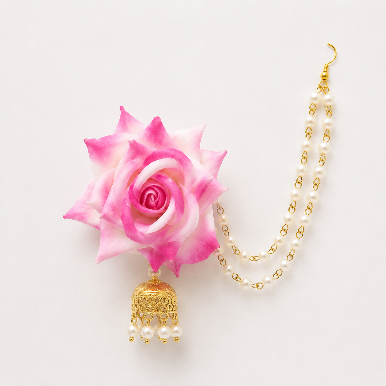 Pink & White Rose Floral Jewellery Set for Women | Bridal Flower Earrings & Maang Tikka Set with Pearl Chain & Jhumka Tassels | Haldi Mehndi Jewellery | Wedding, Engagement & Festive Accessories