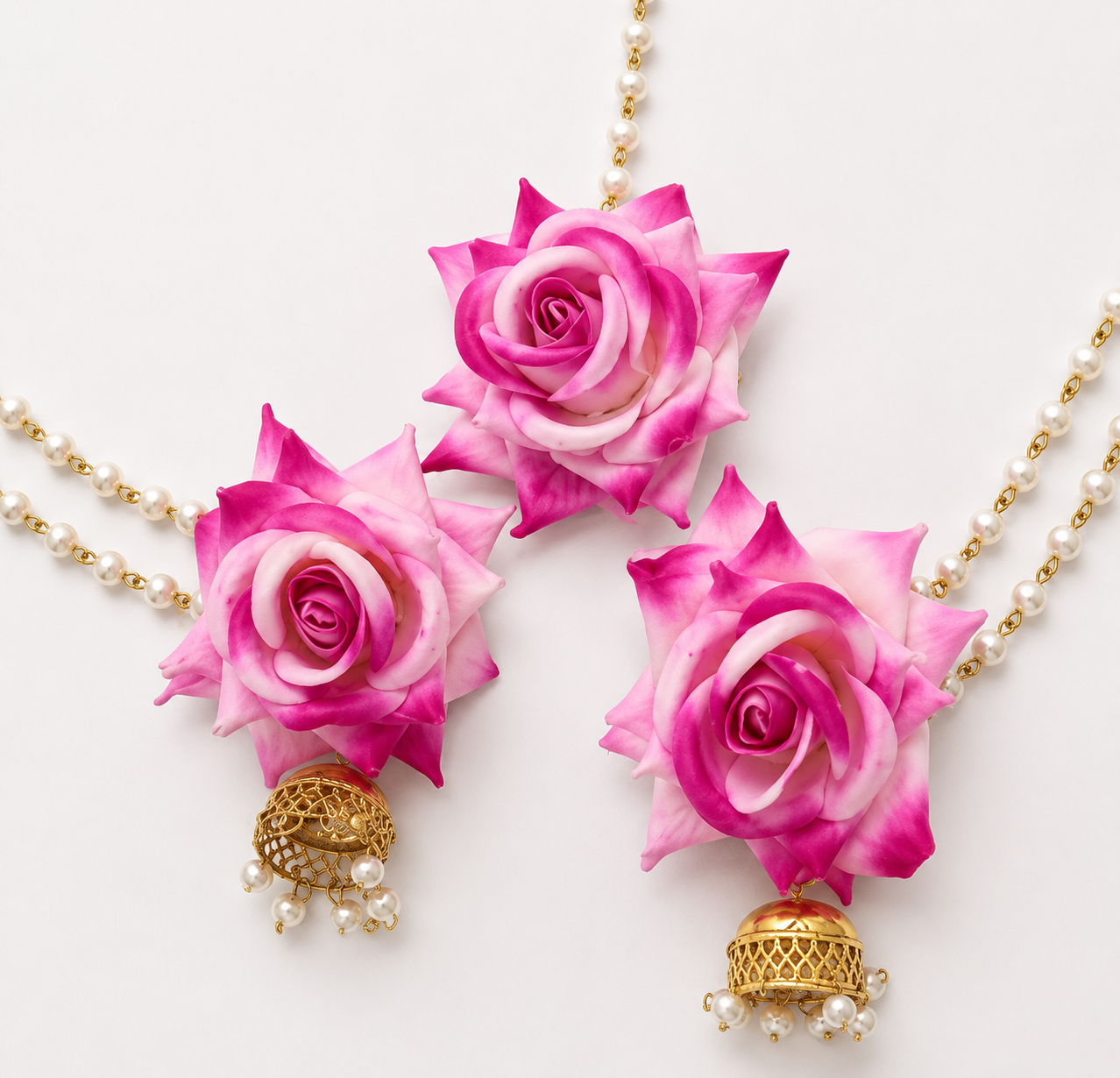 Pink & White Rose Floral Jewellery Set for Women | Bridal Flower Earrings & Maang Tikka Set with Pearl Chain & Jhumka Tassels | Haldi Mehndi Jewellery | Wedding, Engagement & Festive Accessories