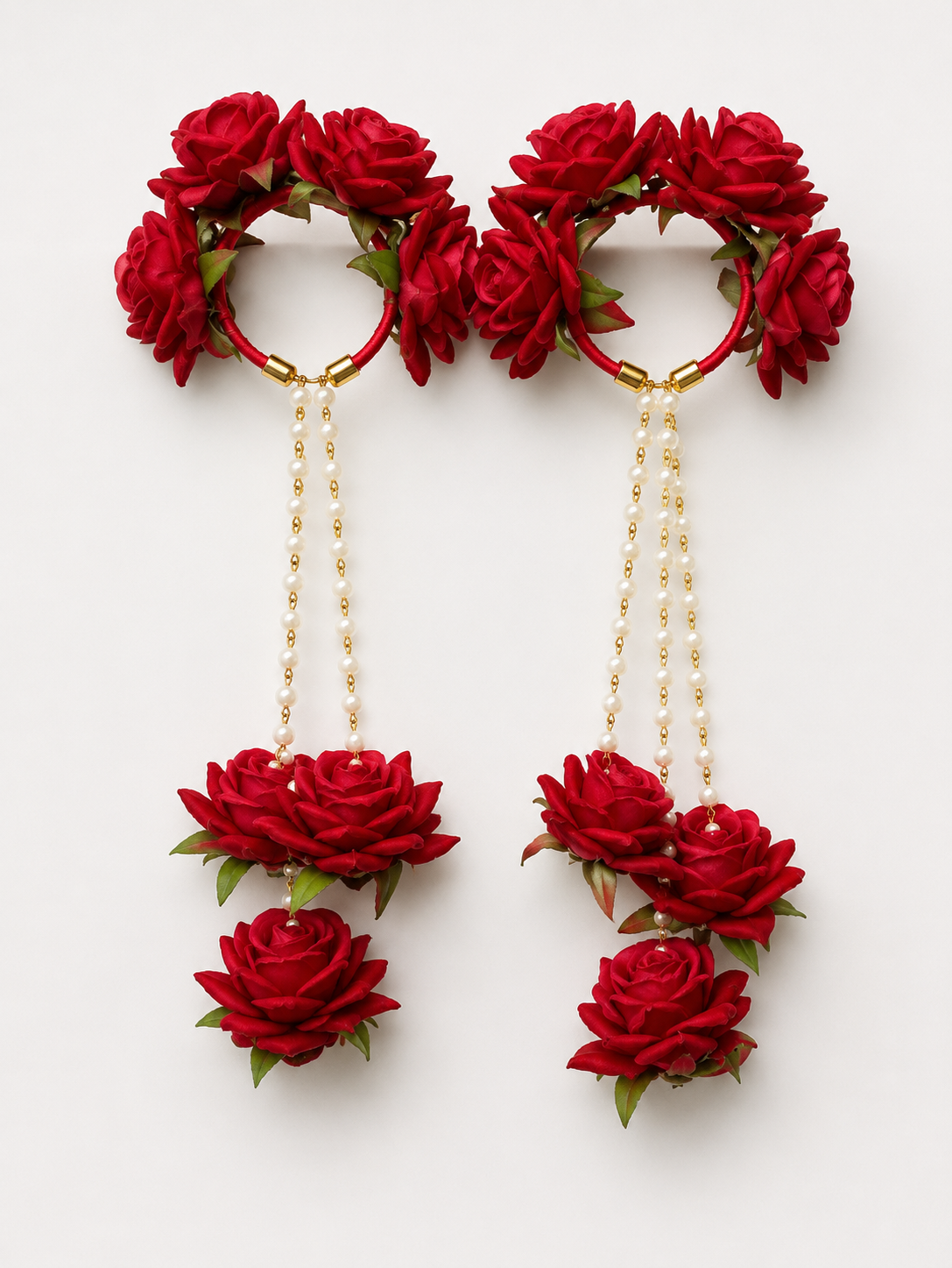 Handmade Red Rose Floral Kaleera Set for Bride | Bridal Flower Kaleera for Haldi Mehndi Ceremony | Wedding Rose Hand Accessories with Pearl Chains | Traditional Bridal Jewellery