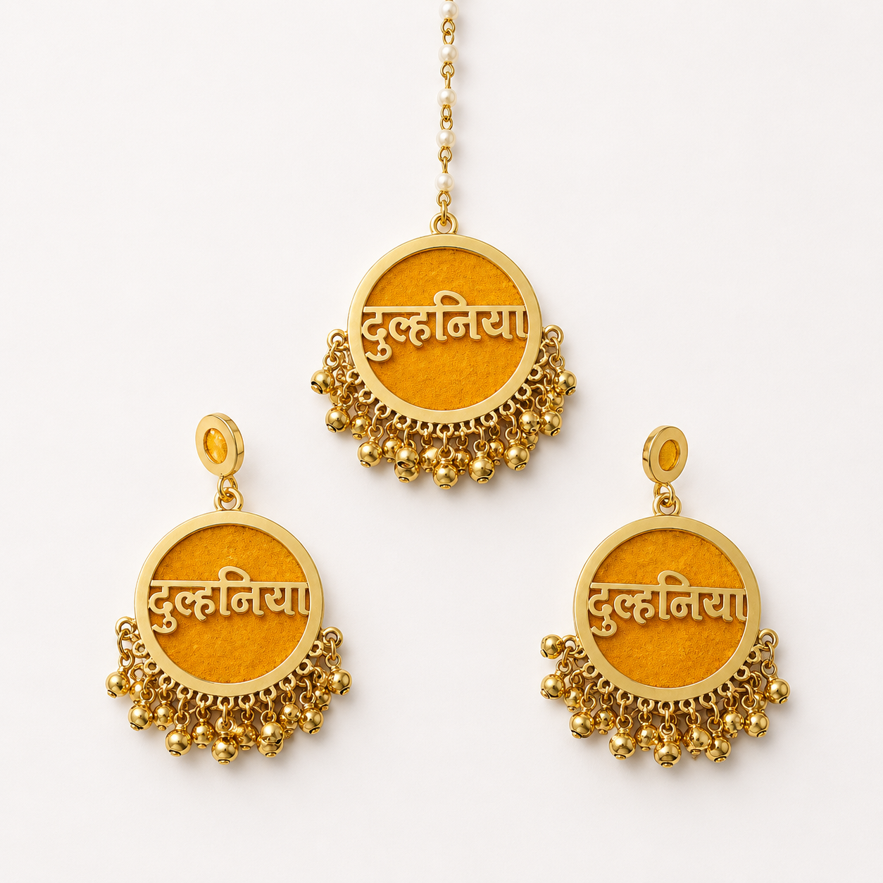 Dulhaniya Bridal Jewellery Set for Women | Personalized Dulhaniya Earrings & Maang Tikka Set | Haldi Mehndi Bridal Accessories | Wedding, Sangeet & Bridal Shower Jewellery