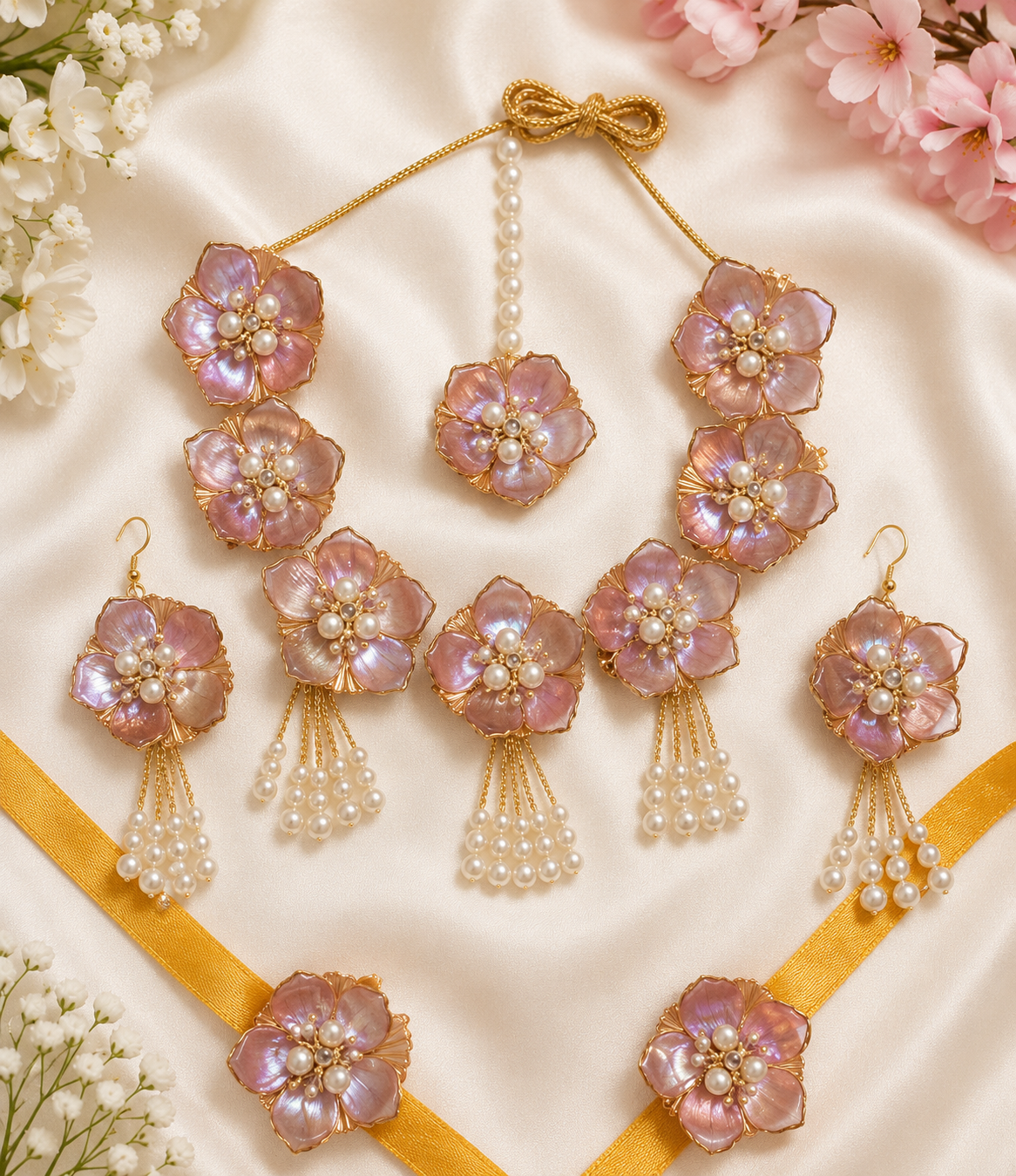 Pink Floral Bridal Jewellery Set for Women & Girls | Artificial Flower Necklace, Earrings, Maang Tikka & Bracelet Set | Haldi Mehndi Wedding Jewellery | Pearl Tassel Floral Accessories for Bridal, Baby Shower & Festive Functions