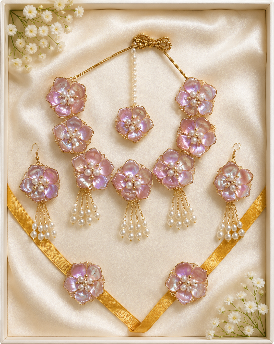 Pink Floral Bridal Jewellery Set for Women & Girls | Artificial Flower Necklace, Earrings, Maang Tikka & Bracelet Set | Haldi Mehndi Wedding Jewellery | Pearl Tassel Floral Accessories for Bridal, Baby Shower & Festive Functions