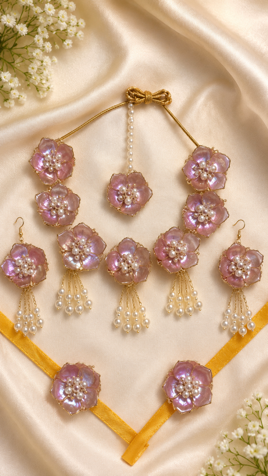 Pink Floral Bridal Jewellery Set for Women & Girls | Artificial Flower Necklace, Earrings, Maang Tikka & Bracelet Set | Haldi Mehndi Wedding Jewellery | Pearl Tassel Floral Accessories for Bridal, Baby Shower & Festive Functions