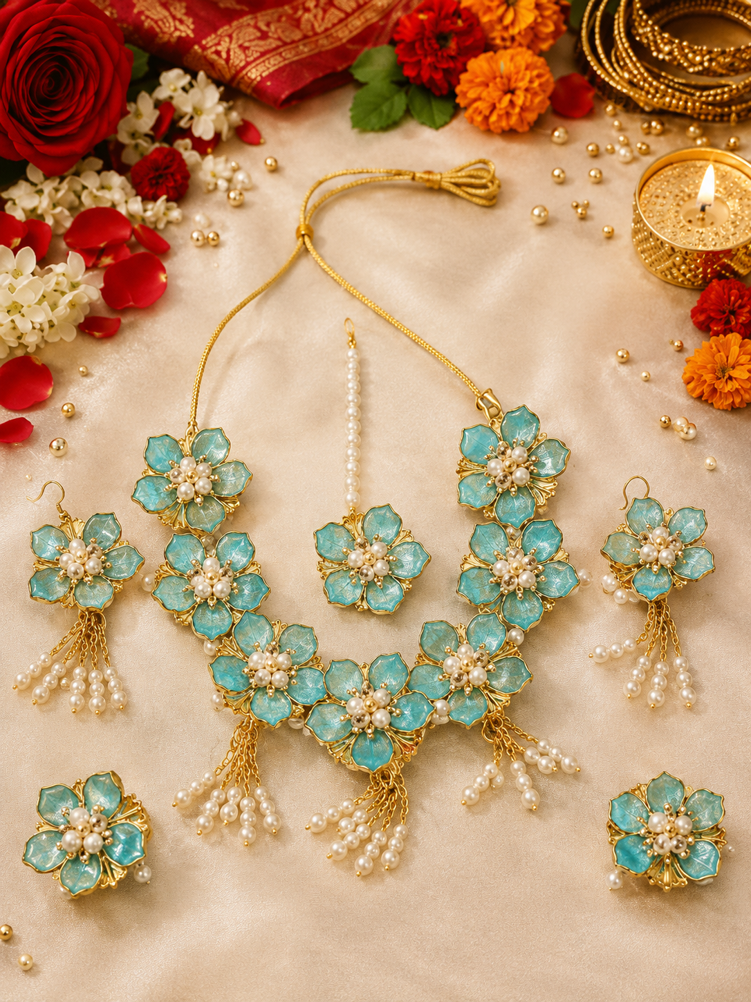 Turquoise Blue Floral Bridal Jewellery Set for Women & Girls | Artificial Flower Necklace Set with Earrings, Maang Tikka, Rings & Bracelet | Haldi Mehndi Wedding Jewellery | Pearl Tassel Floral Accessories