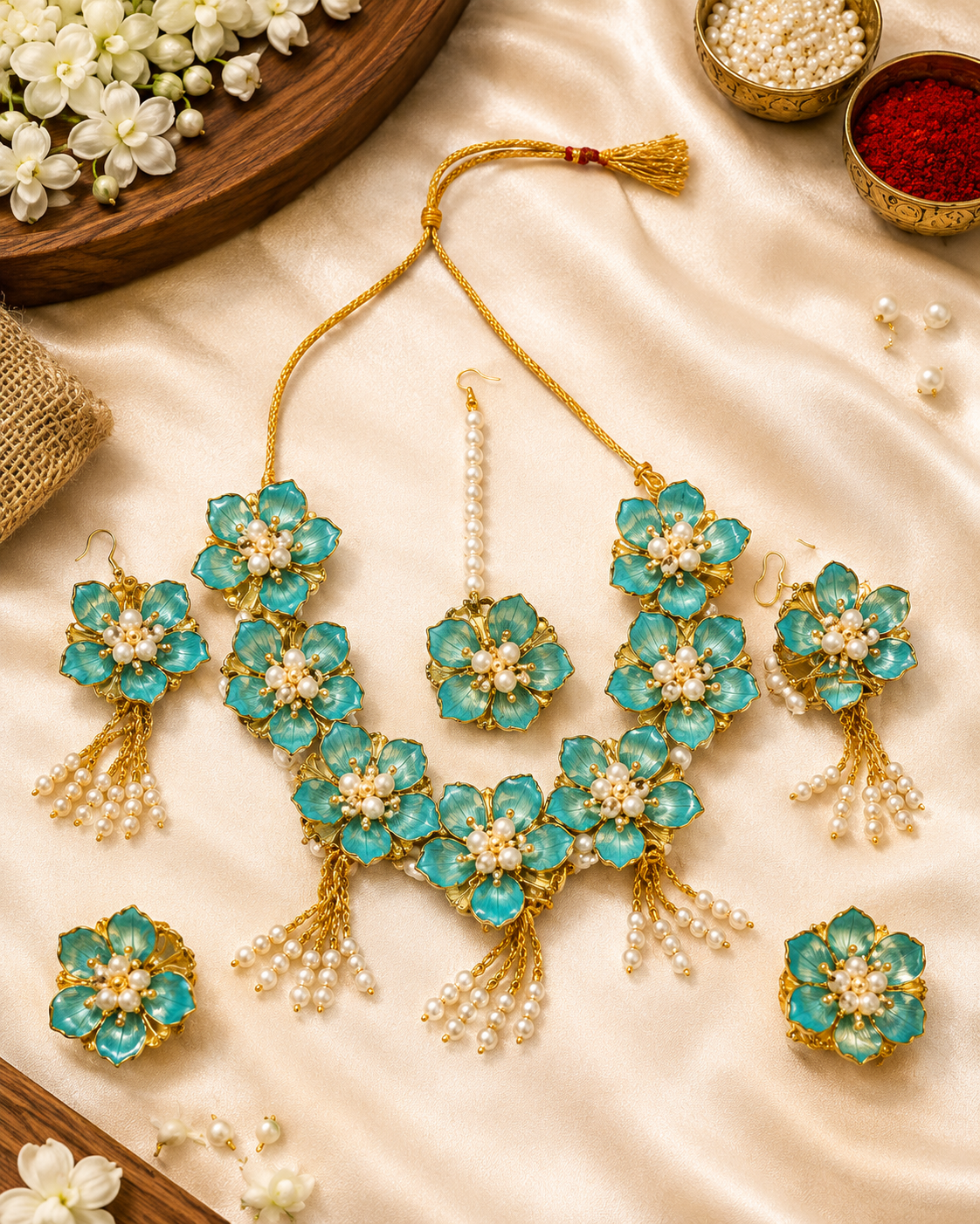 Turquoise Blue Floral Bridal Jewellery Set for Women & Girls | Artificial Flower Necklace Set with Earrings, Maang Tikka, Rings & Bracelet | Haldi Mehndi Wedding Jewellery | Pearl Tassel Floral Accessories