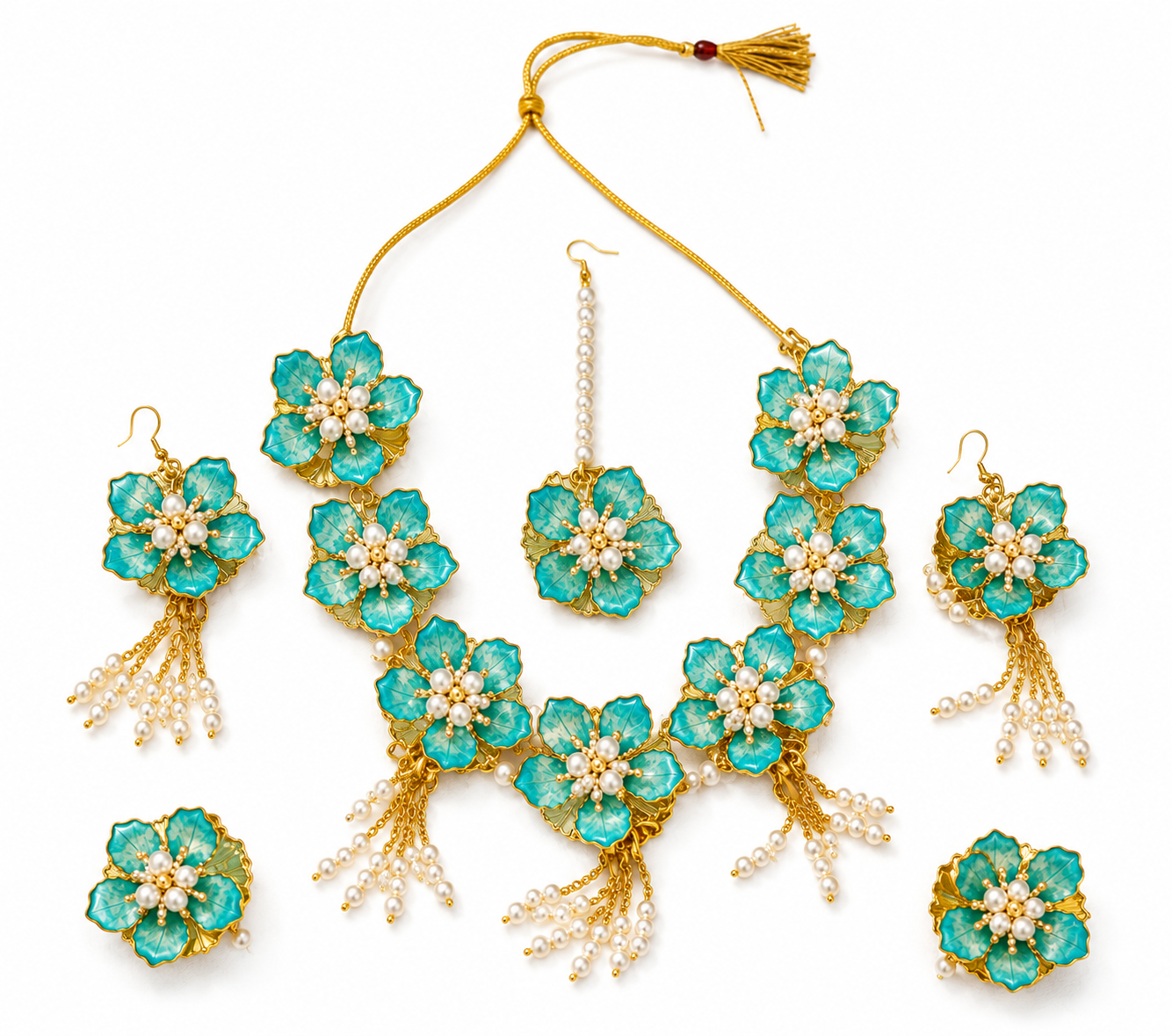 Turquoise Blue Floral Bridal Jewellery Set for Women & Girls | Artificial Flower Necklace Set with Earrings, Maang Tikka, Rings & Bracelet | Haldi Mehndi Wedding Jewellery | Pearl Tassel Floral Accessories