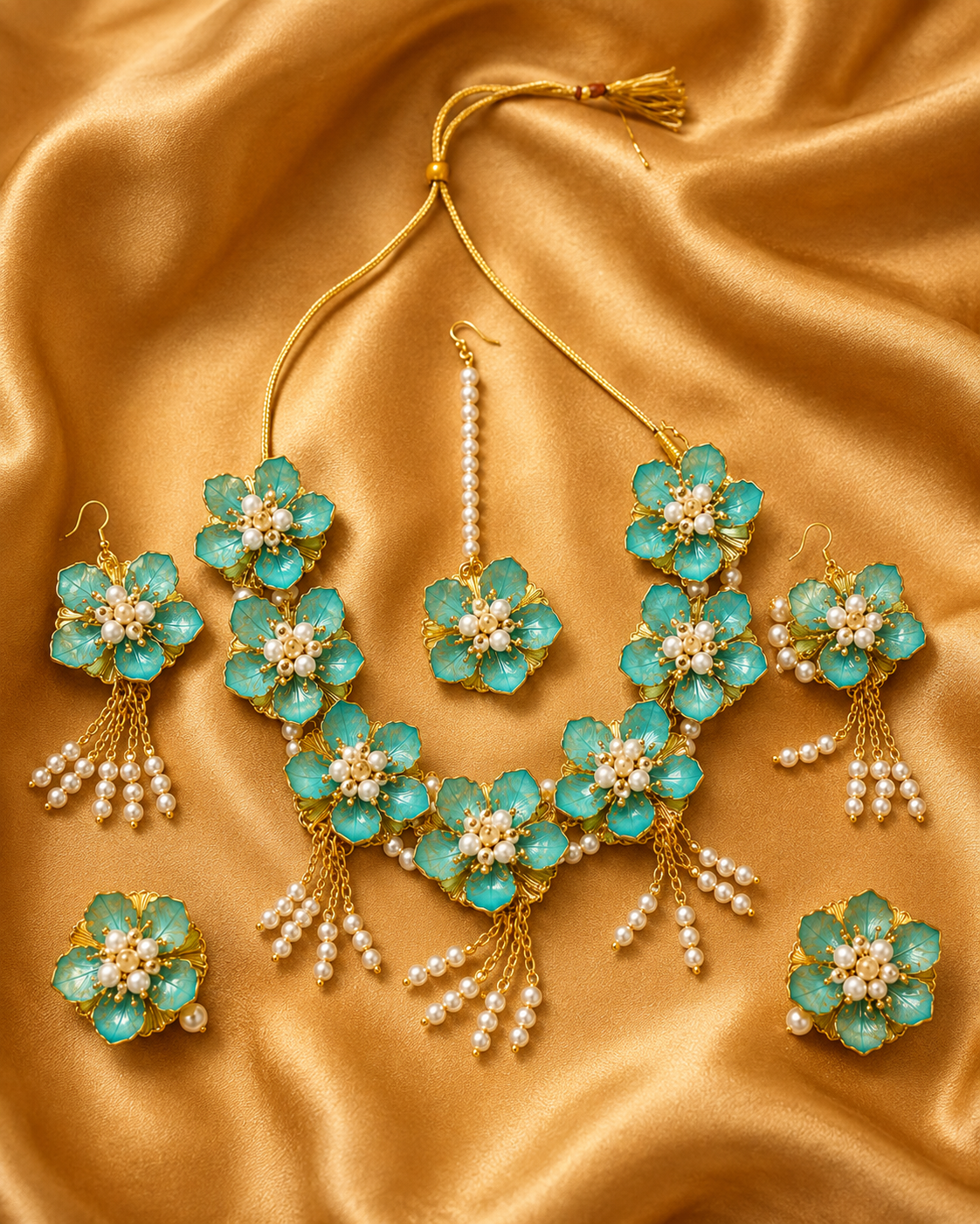 Turquoise Blue Floral Bridal Jewellery Set for Women & Girls | Artificial Flower Necklace Set with Earrings, Maang Tikka, Rings & Bracelet | Haldi Mehndi Wedding Jewellery | Pearl Tassel Floral Accessories