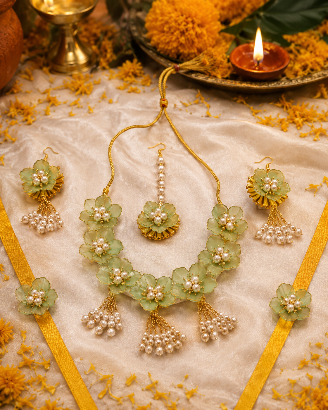 Pastel Green Floral Bridal Jewellery Set for Women & Girls | Artificial Flower Necklace Set with Earrings, Maang Tikka, & Bracelet | Haldi Mehndi Wedding Jewellery | Pearl Tassel Floral Accessories