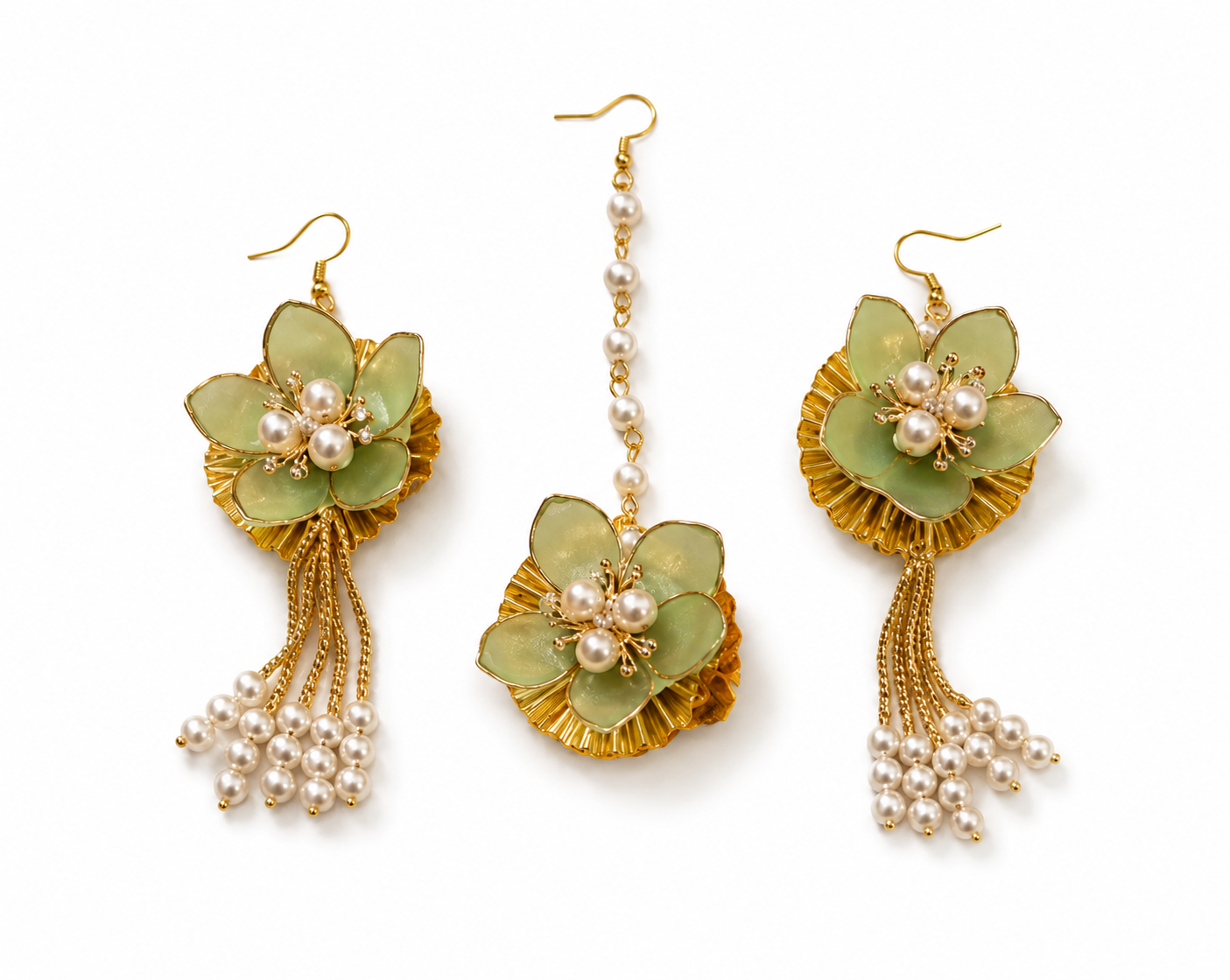 Pastel Green Floral Bridal Jewellery Set for Women & Girls | Artificial Flower Necklace Set with Earrings, Maang Tikka, & Bracelet | Haldi Mehndi Wedding Jewellery | Pearl Tassel Floral Accessories