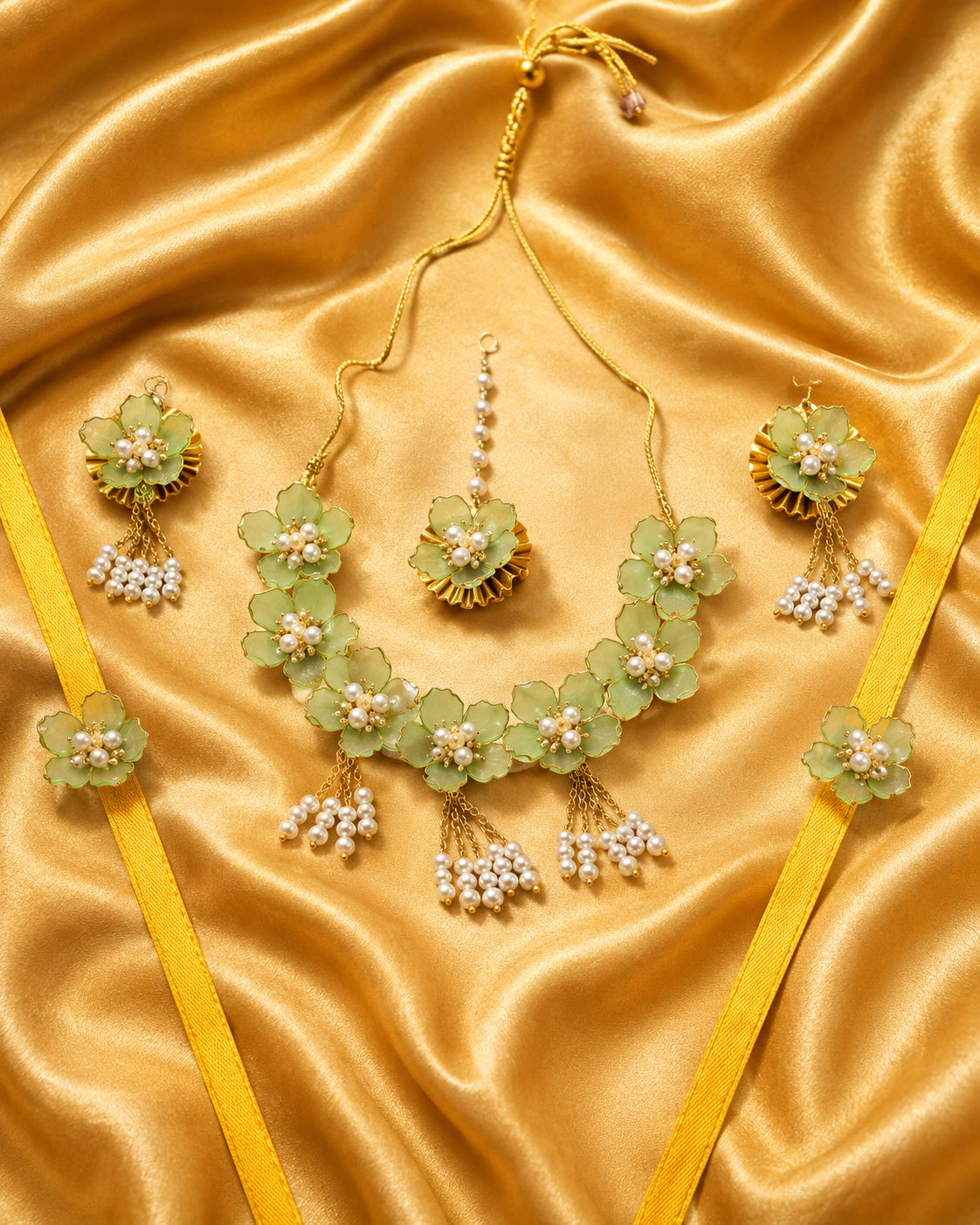 Pastel Green Floral Bridal Jewellery Set for Women & Girls | Artificial Flower Necklace Set with Earrings, Maang Tikka, & Bracelet | Haldi Mehndi Wedding Jewellery | Pearl Tassel Floral Accessories