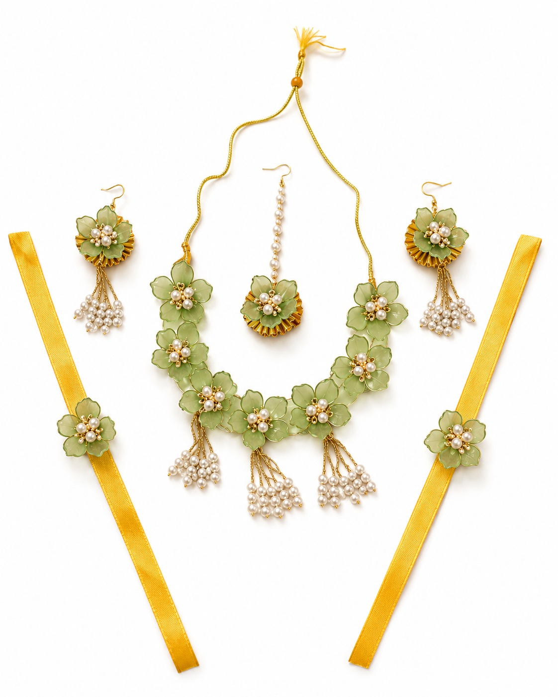 Pastel Green Floral Bridal Jewellery Set for Women & Girls | Artificial Flower Necklace Set with Earrings, Maang Tikka, & Bracelet | Haldi Mehndi Wedding Jewellery | Pearl Tassel Floral Accessories