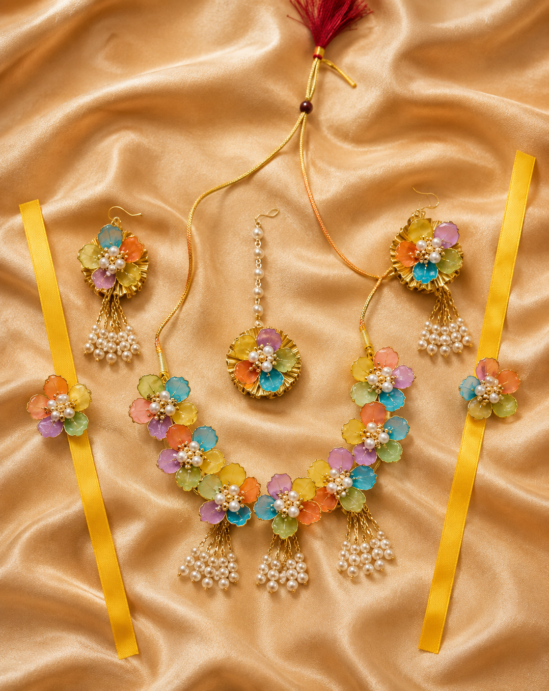 Multicolor Floral Bridal Jewellery Set for Women & Girls | Artificial Flower Necklace Set with Earrings, Maang Tikka & Bracelets | Haldi Mehndi Wedding Jewellery | Rainbow Floral Pearl Tassel Accessories