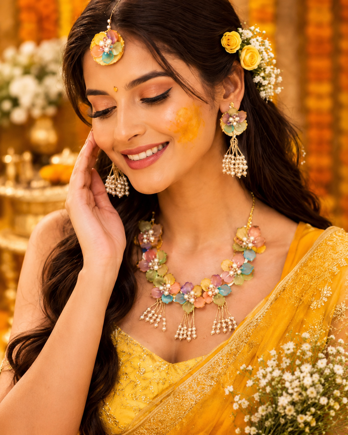 Multicolor Floral Bridal Jewellery Set for Women & Girls | Artificial Flower Necklace Set with Earrings, Maang Tikka & Bracelets | Haldi Mehndi Wedding Jewellery | Rainbow Floral Pearl Tassel Accessories