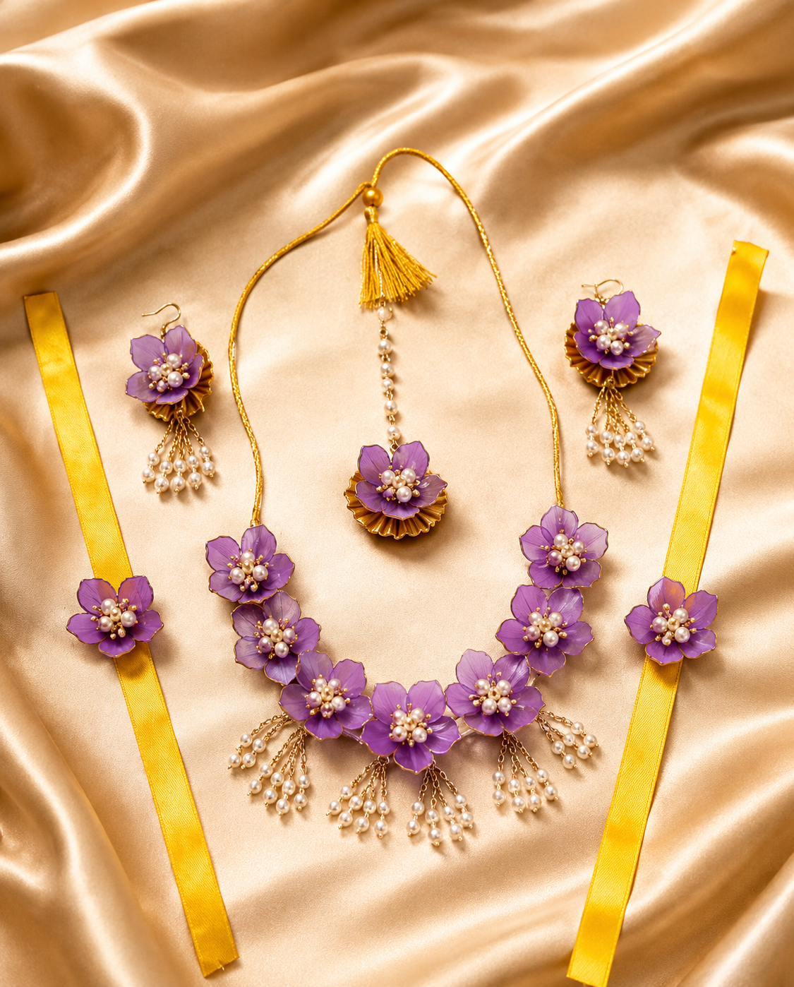 Purple Floral Bridal Jewellery Set for Women & Girls | Artificial Flower Necklace Set with Earrings, Maang Tikka & Bracelets | Haldi Mehndi Wedding Jewellery | Pearl Tassel Floral Accessories
