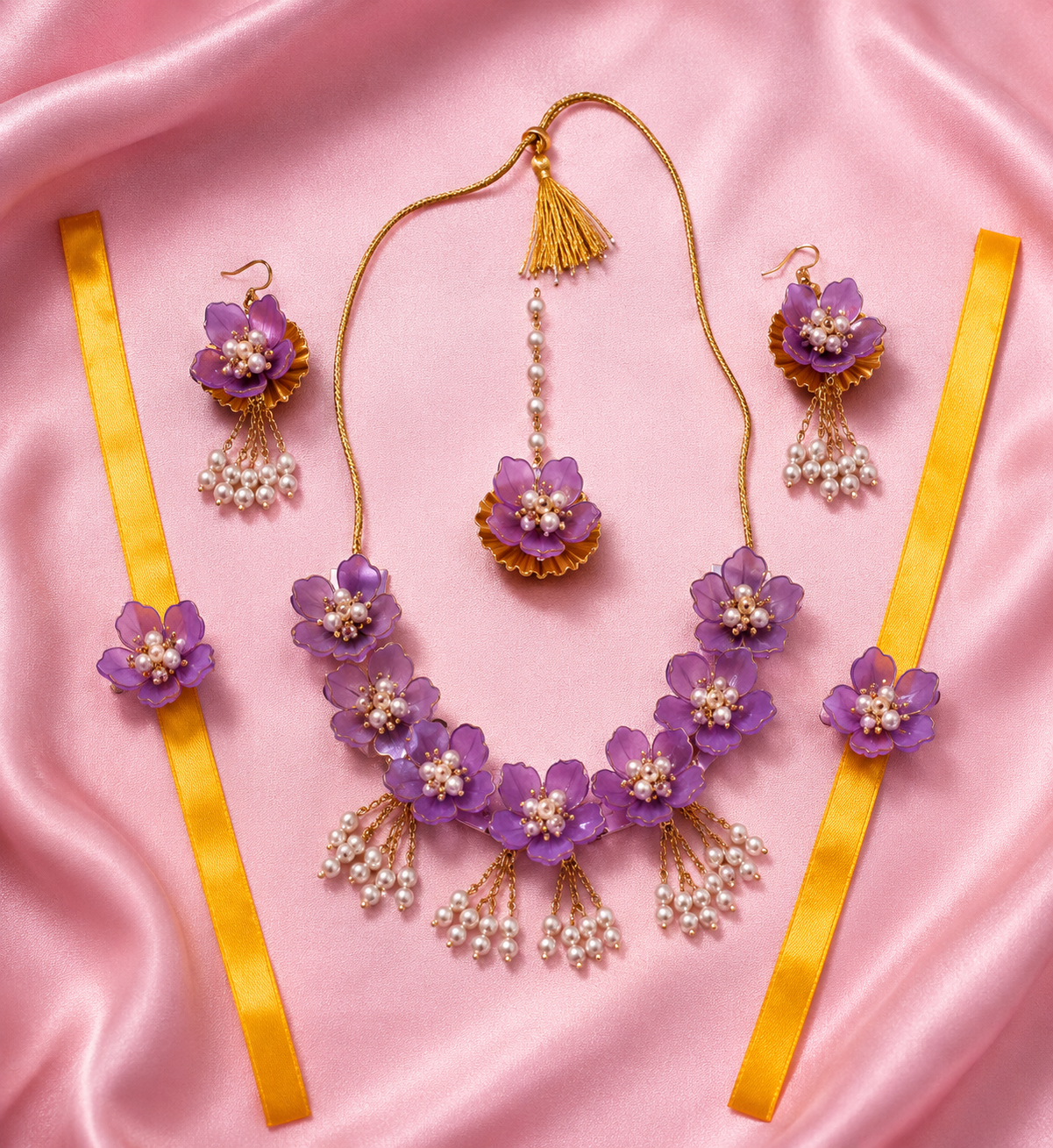 Purple Floral Bridal Jewellery Set for Women & Girls | Artificial Flower Necklace Set with Earrings, Maang Tikka & Bracelets | Haldi Mehndi Wedding Jewellery | Pearl Tassel Floral Accessories