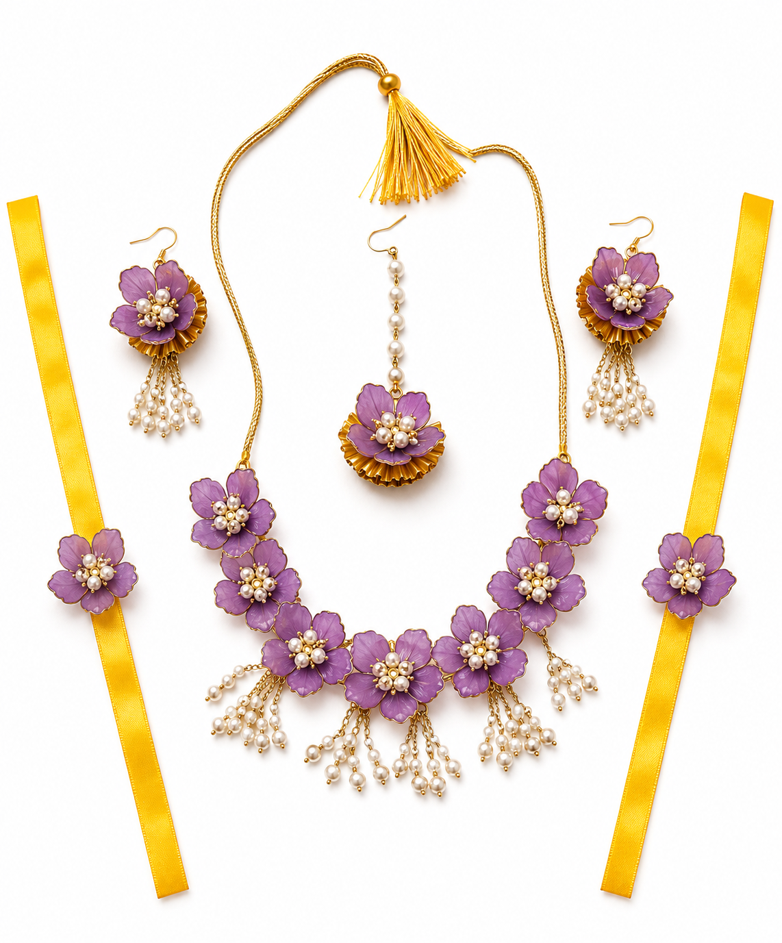 Purple Floral Bridal Jewellery Set for Women & Girls | Artificial Flower Necklace Set with Earrings, Maang Tikka & Bracelets | Haldi Mehndi Wedding Jewellery | Pearl Tassel Floral Accessories