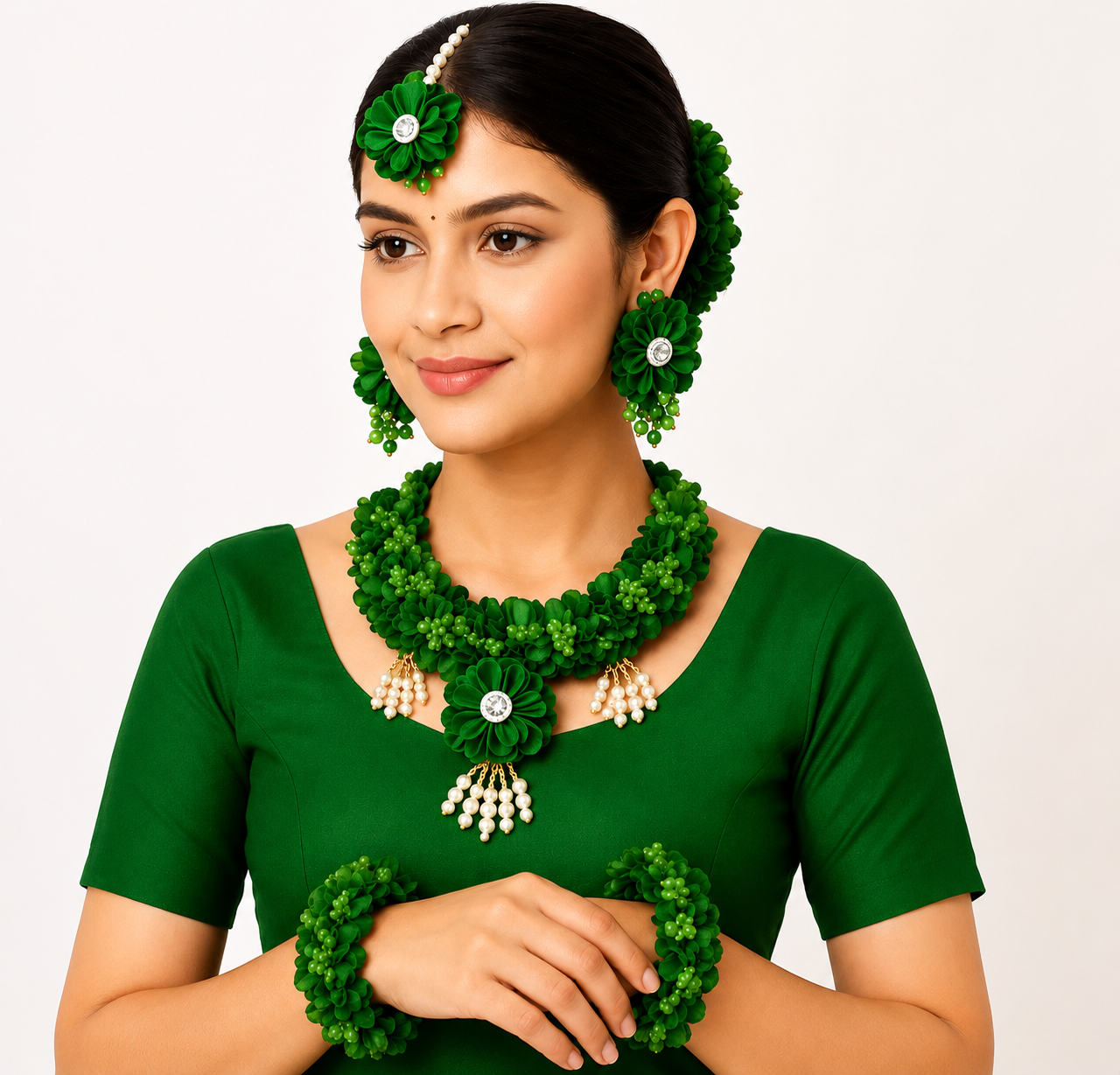 Handmade Green Floral Jewellery Set for Women | Bridal Haldi Mehndi Flower Jewellery | Necklace, Earrings, Maang Tikka & Bangles Set | Wedding & Festive Accessories
