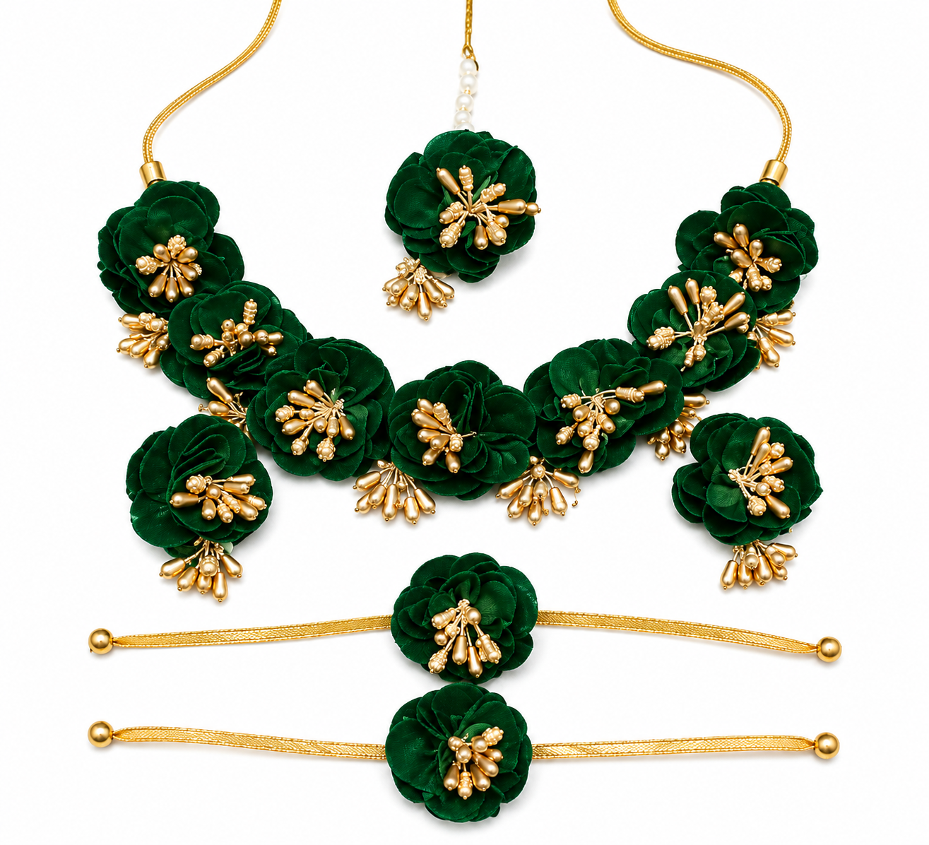 Handmade Green Floral Jewellery Set for Women | Bridal Haldi Mehndi Flower Jewellery | Necklace, Earrings, Maang Tikka & Bracelet Set | Wedding, Sangeet & Festive Accessories