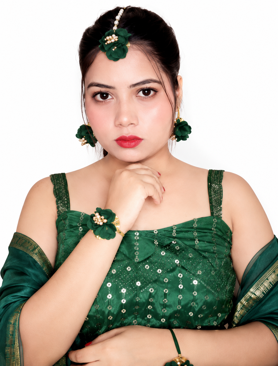 Handmade Green Floral Jewellery Set for Women | Bridal Haldi Mehndi Flower Jewellery | Necklace, Earrings, Maang Tikka & Bracelet Set | Wedding, Sangeet & Festive Accessories