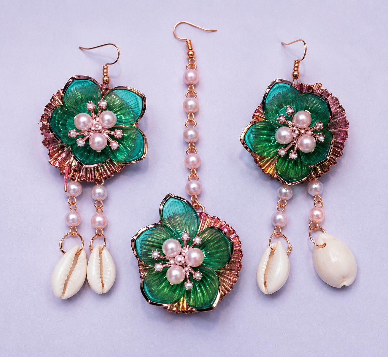 Emerald Green Floral Bridal Jewellery Set for Women | Pearl & Shell Flower Jewellery Set with Necklace, Earrings, Maang Tikka & Bracelets | Haldi Mehndi Wedding Accessories
