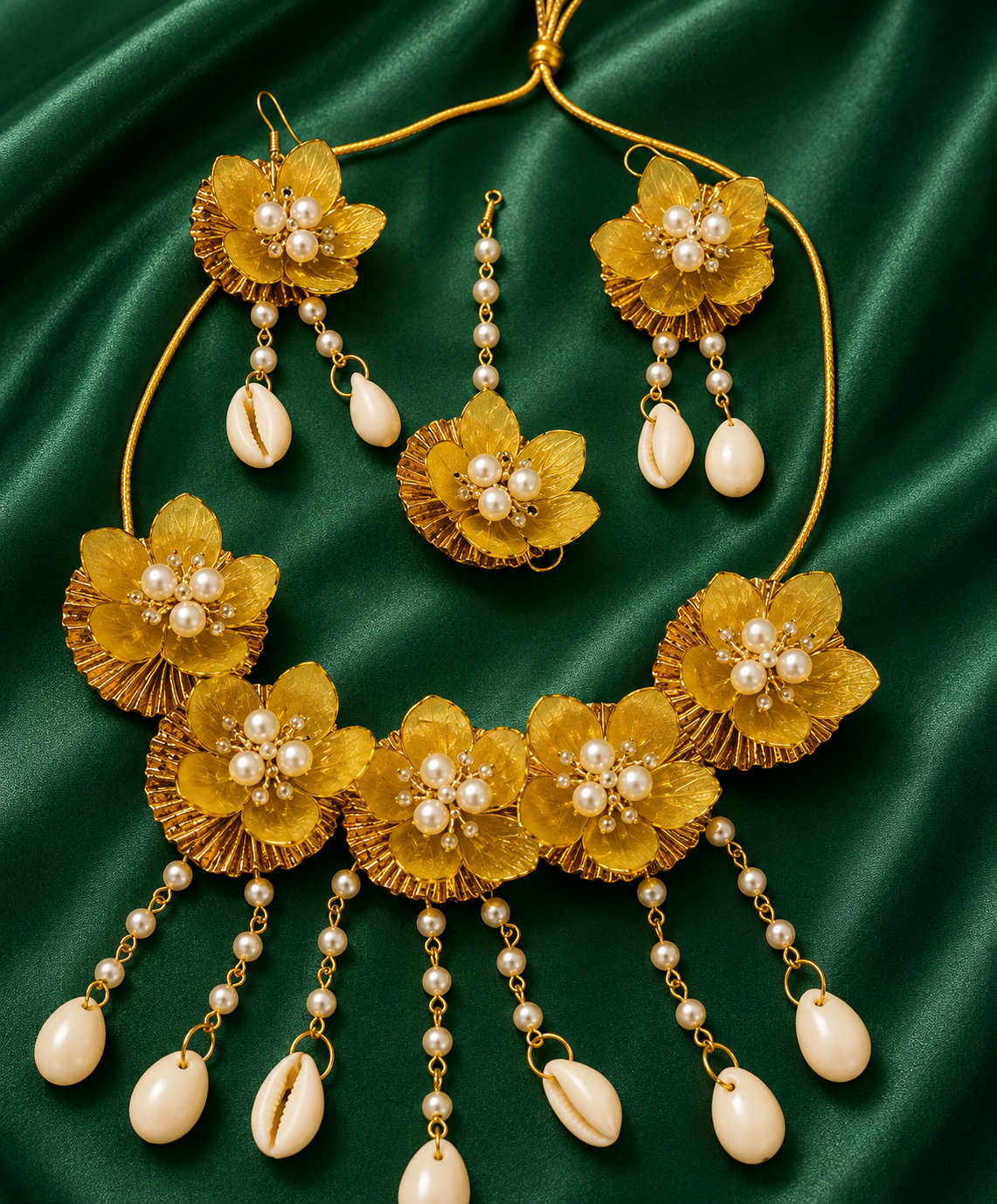 Yellow Floral Bridal Jewellery Set for Women | Pearl & Cowrie Shell Flower Jewellery Set with Necklace, Earrings & Maang Tikka | Haldi Mehndi Wedding Accessories