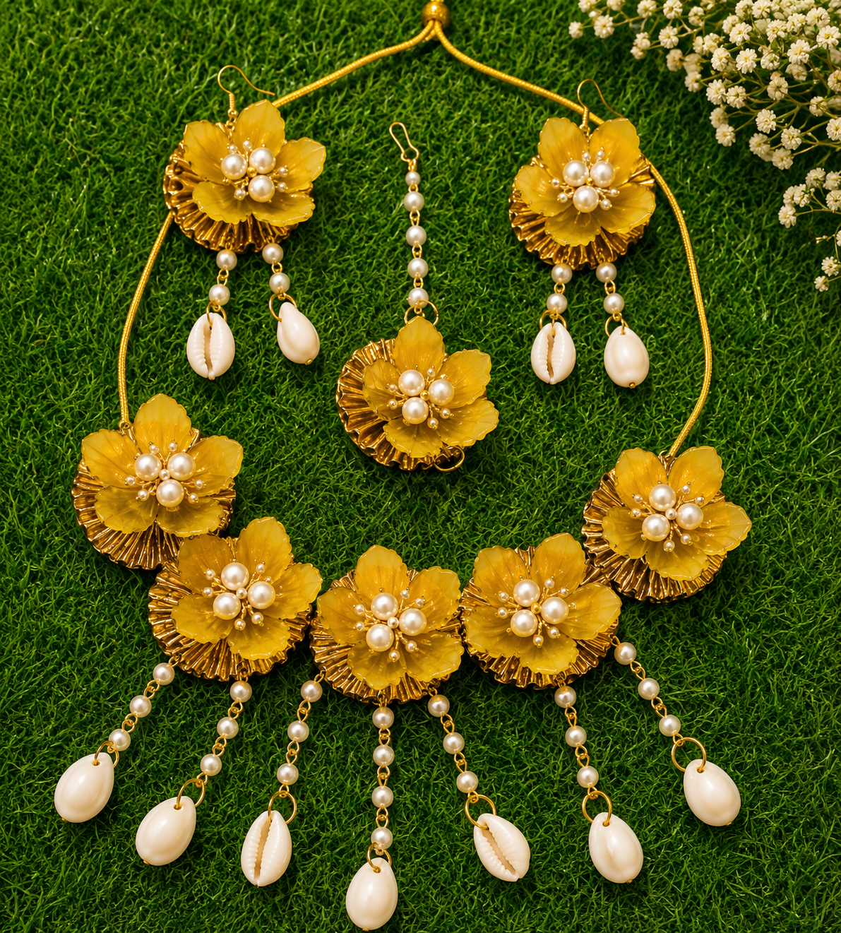 Yellow Floral Bridal Jewellery Set for Women | Pearl & Cowrie Shell Flower Jewellery Set with Necklace, Earrings & Maang Tikka | Haldi Mehndi Wedding Accessories
