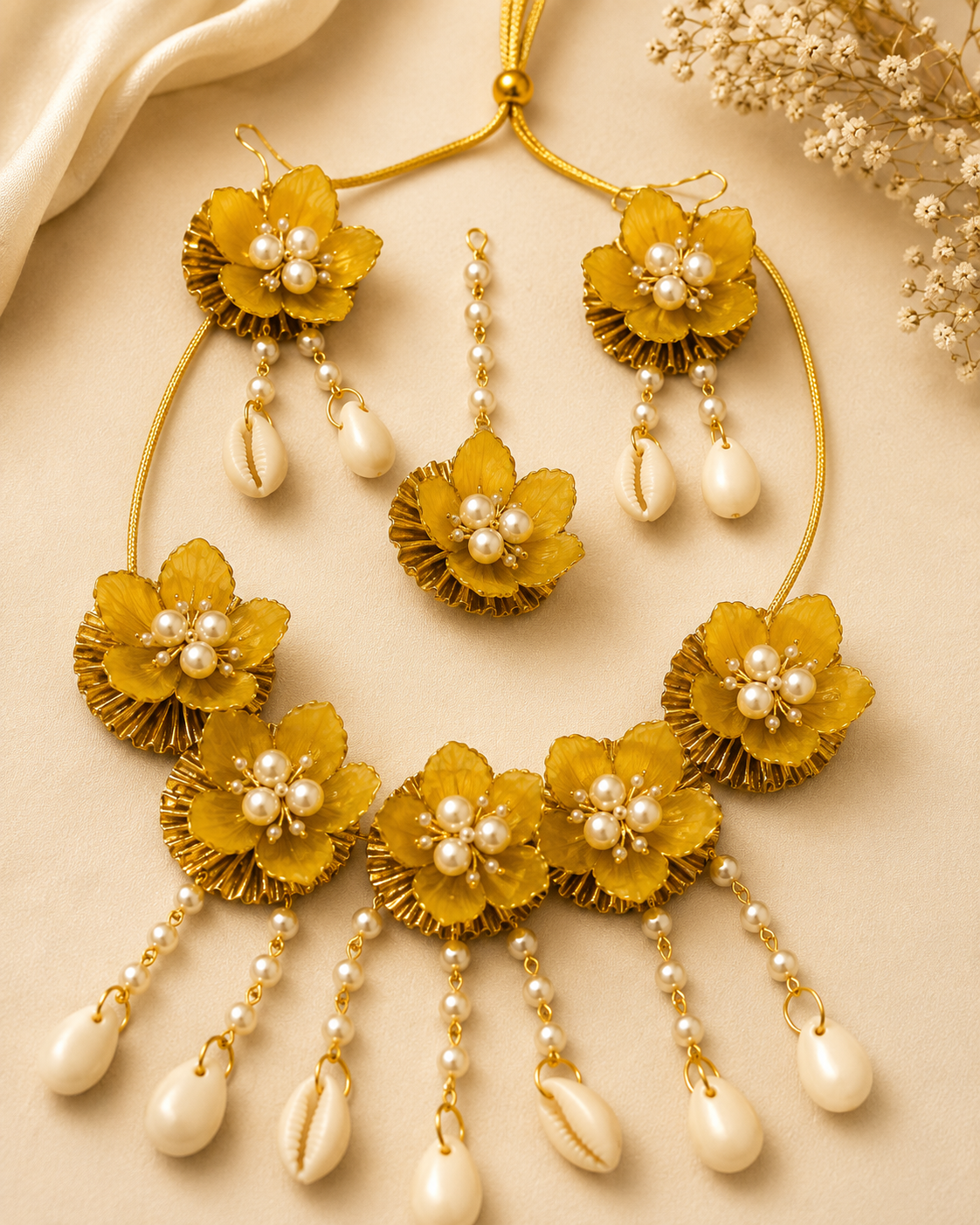 Yellow Floral Bridal Jewellery Set for Women | Pearl & Cowrie Shell Flower Jewellery Set with Necklace, Earrings & Maang Tikka | Haldi Mehndi Wedding Accessories