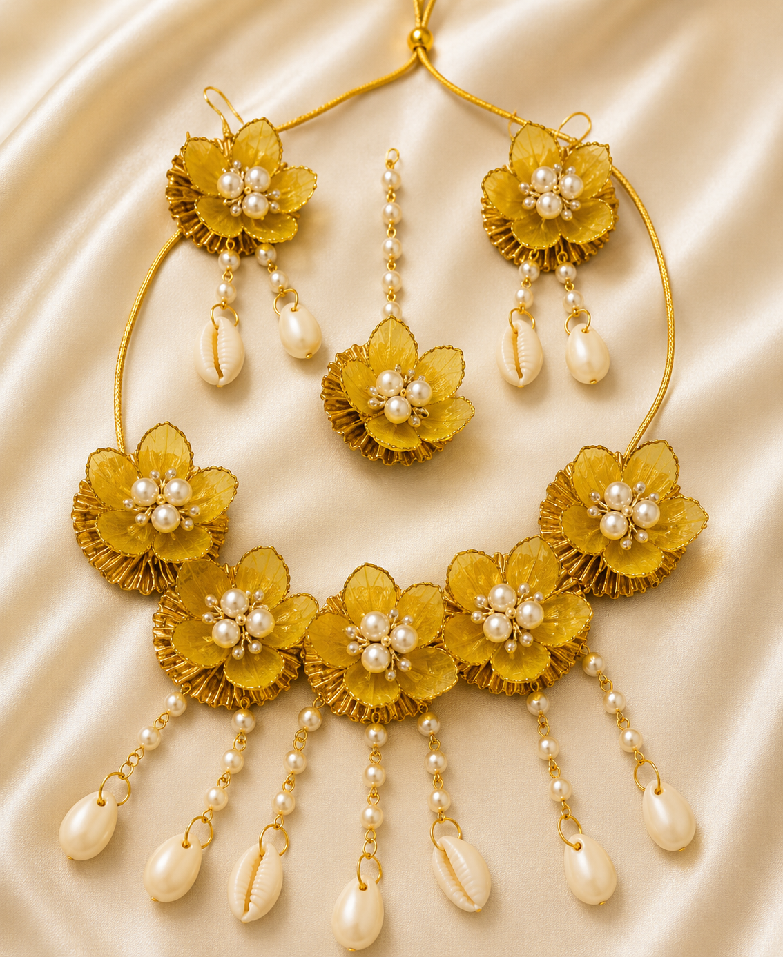 Yellow Floral Bridal Jewellery Set for Women | Pearl & Cowrie Shell Flower Jewellery Set with Necklace, Earrings & Maang Tikka | Haldi Mehndi Wedding Accessories
