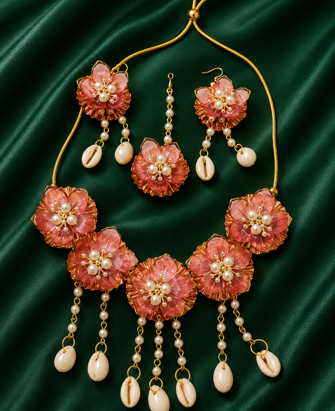 Peach Floral Bridal Jewellery Set for Women | Handmade Flower Necklace Set with Pearl & Cowrie Shell Accents | Haldi Mehndi Wedding Jewellery with Earrings & Maang Tikka