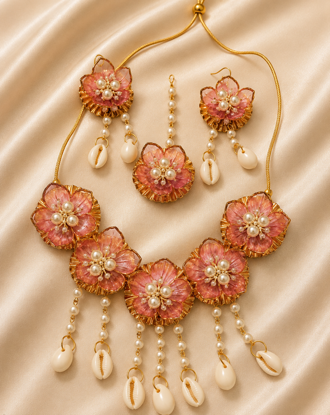 Peach Floral Bridal Jewellery Set for Women | Handmade Flower Necklace Set with Pearl & Cowrie Shell Accents | Haldi Mehndi Wedding Jewellery with Earrings & Maang Tikka