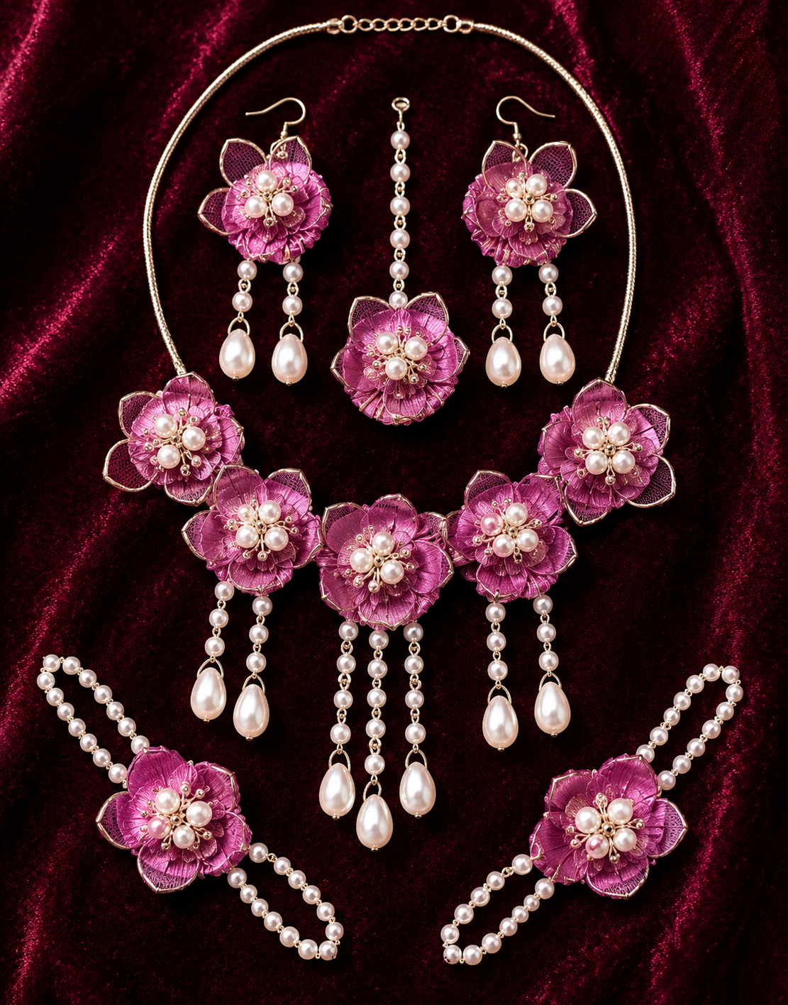Handmade Pink Floral Pearl Bridal Jewelry Set – Necklace, Earrings, Maang Tikka & Bracelets for Wedding and Party Wear