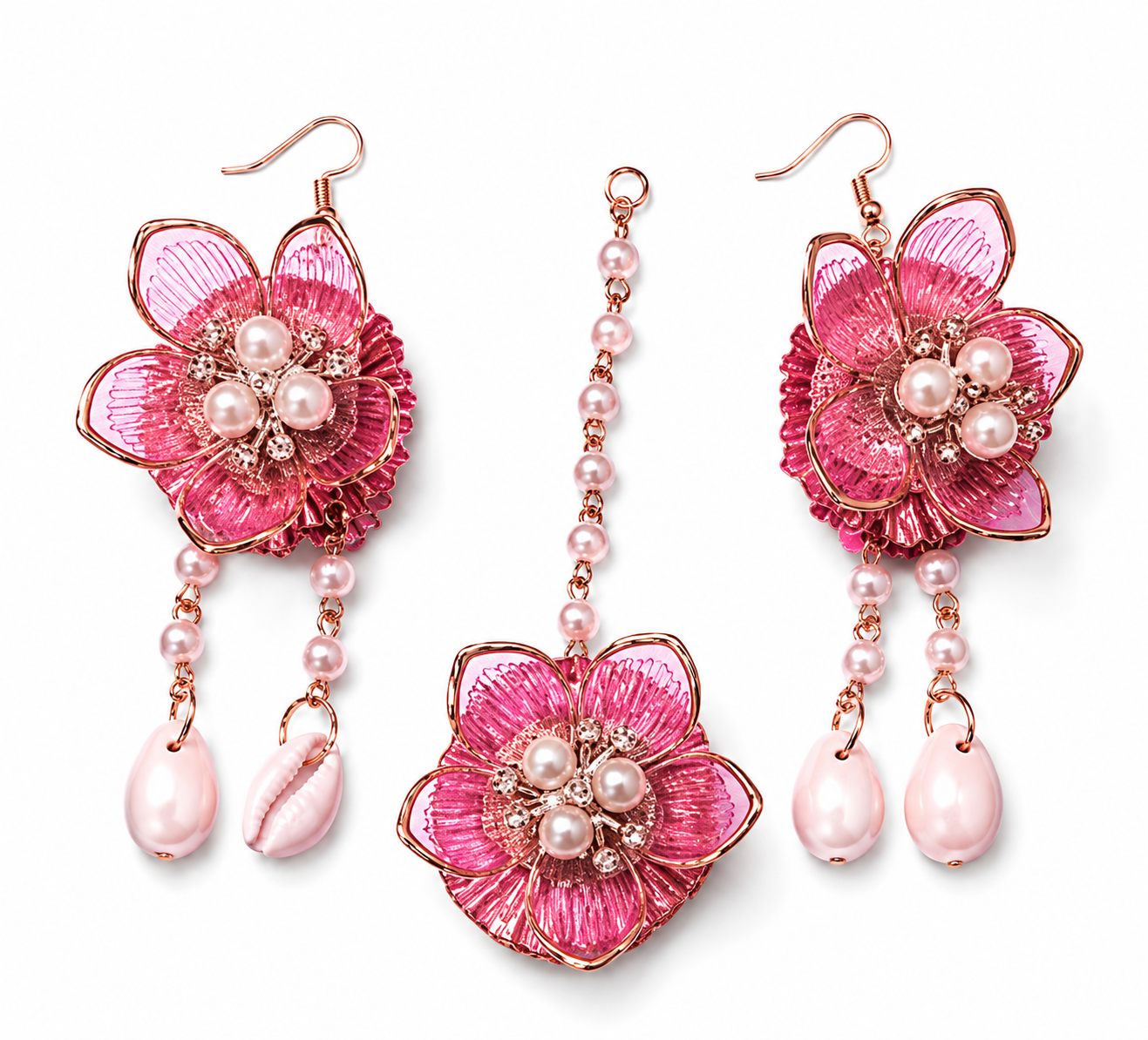 Handmade Pink Floral Pearl Bridal Jewelry Set – Necklace, Earrings, Maang Tikka & Bracelets for Wedding and Party Wear
