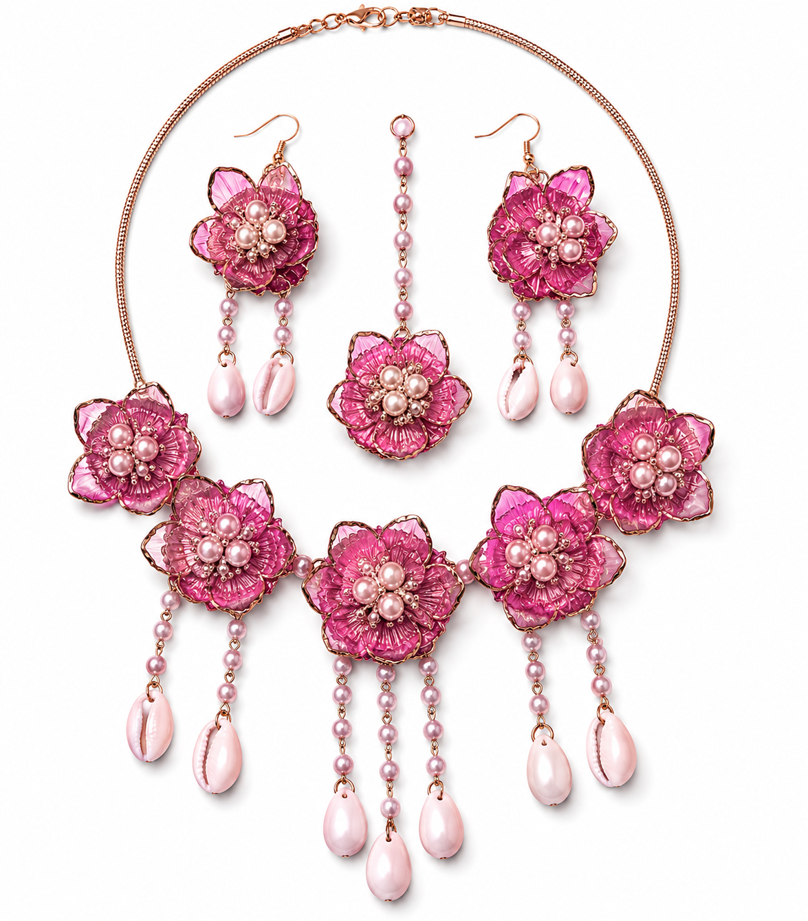 Handmade Pink Floral Pearl Bridal Jewelry Set – Necklace, Earrings, Maang Tikka & Bracelets for Wedding and Party Wear