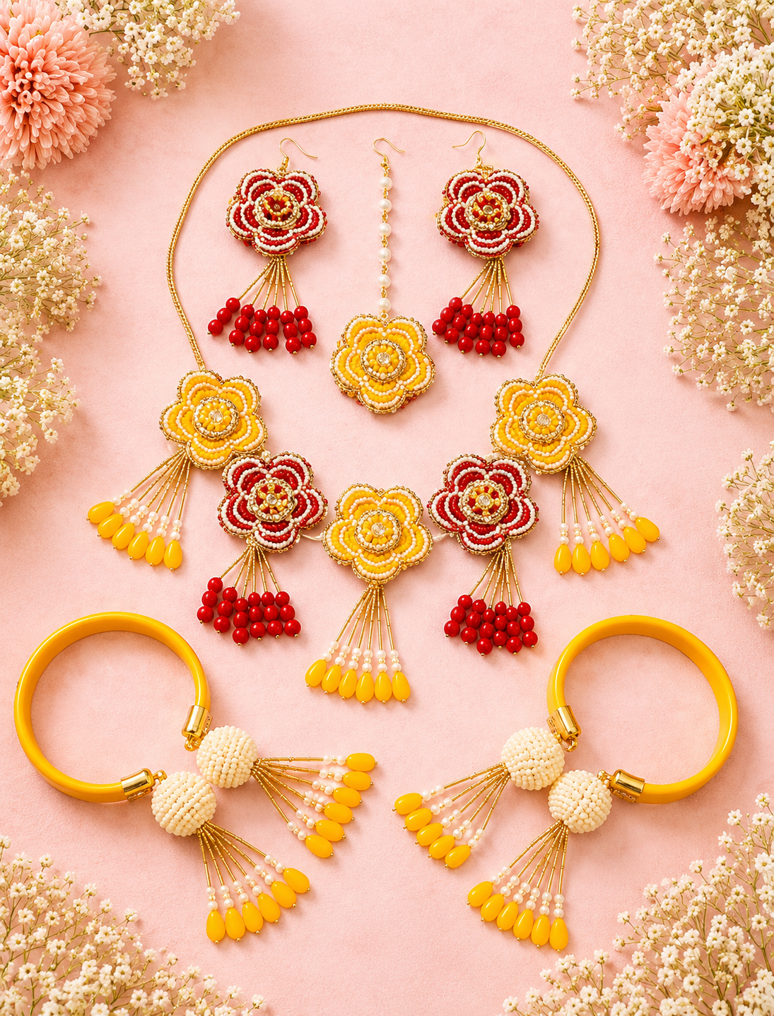 Handcrafted Yellow & Red Floral Beaded Jewelry Set – Statement Necklace, Earrings, Maang Tikka & Bangles for Haldi, Mehendi & Wedding Functions