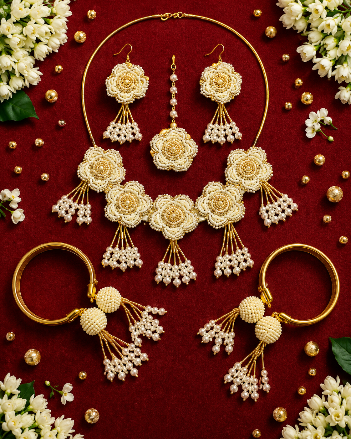 Elegant Ivory Floral Pearl Bridal Jewelry Set – Handmade Beaded Necklace, Earrings, Maang Tikka & Bangles for Wedding, Reception & Festive Wear