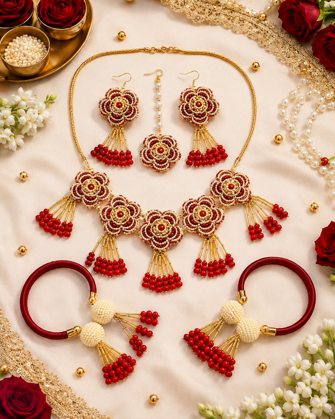 Handcrafted Red & Ivory Floral Beaded Jewelry Set – Statement Necklace, Earrings, Maang Tikka & Bangles for Bridal, Mehendi, Haldi & Wedding Wear