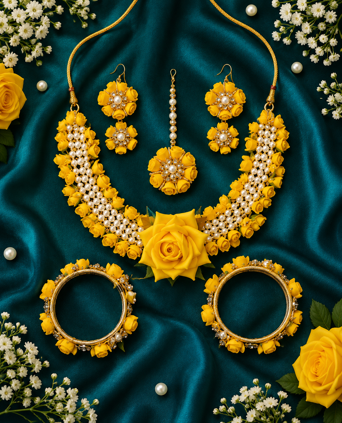 Luxury Yellow Rose Floral Bridal Jewelry Set – Handmade Pearl Necklace, Earrings, Maang Tikka & Bangles for Haldi, Mehendi & Wedding Functions