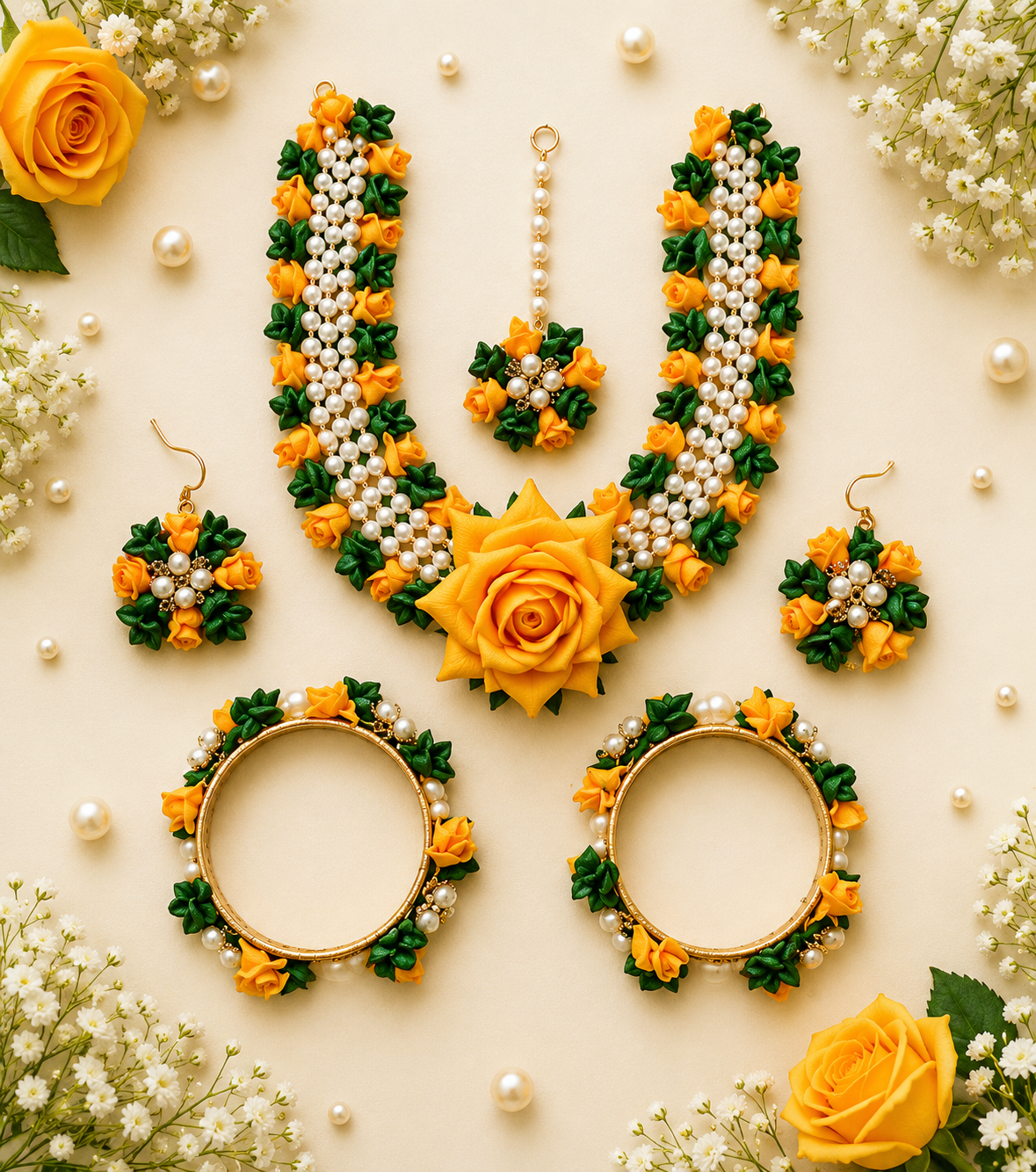 Elegant Yellow Rose Floral Pearl Jewelry Set – Handmade Necklace, Earrings, Maang Tikka & Bangles for Haldi Ceremony, Wedding & Festive Wear