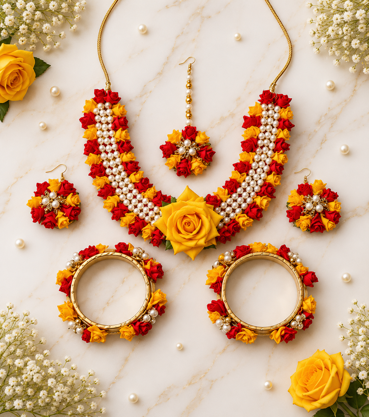 Premium Red & Yellow Rose Floral Pearl Jewelry Set – Handmade Necklace, Earrings, Maang Tikka & Bangles for Haldi, Mehendi, Bridal & Wedding Functions