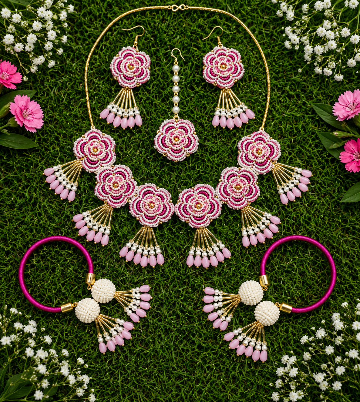 Handmade Pink Floral Beaded Jewelry Set – Statement Necklace, Earrings, Maang Tikka & Bangles for Wedding, Mehendi, Bridal & Festive Wear