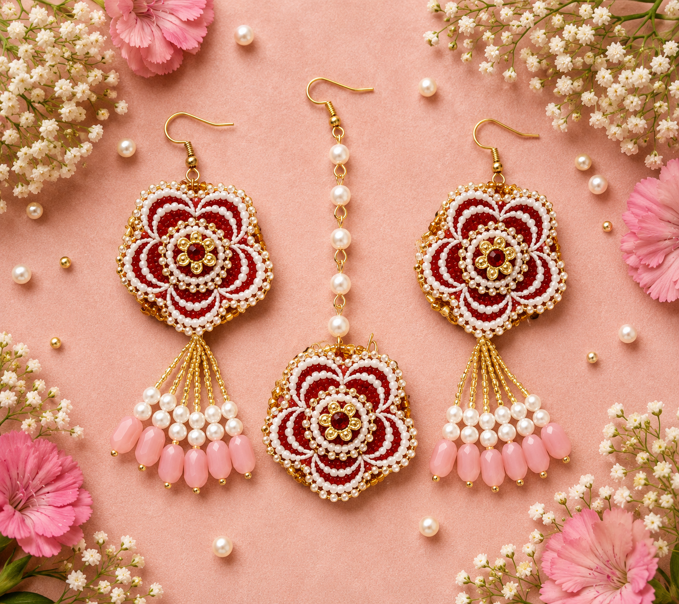 Handmade Pink Floral Beaded Jewelry Set – Statement Necklace, Earrings, Maang Tikka & Bangles for Wedding, Mehendi, Bridal & Festive Wear