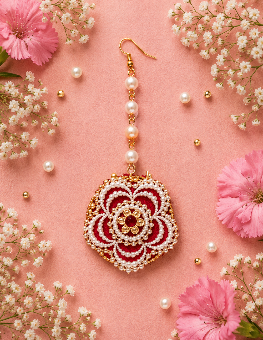 Handmade Pink Floral Beaded Jewelry Set – Statement Necklace, Earrings, Maang Tikka & Bangles for Wedding, Mehendi, Bridal & Festive Wear
