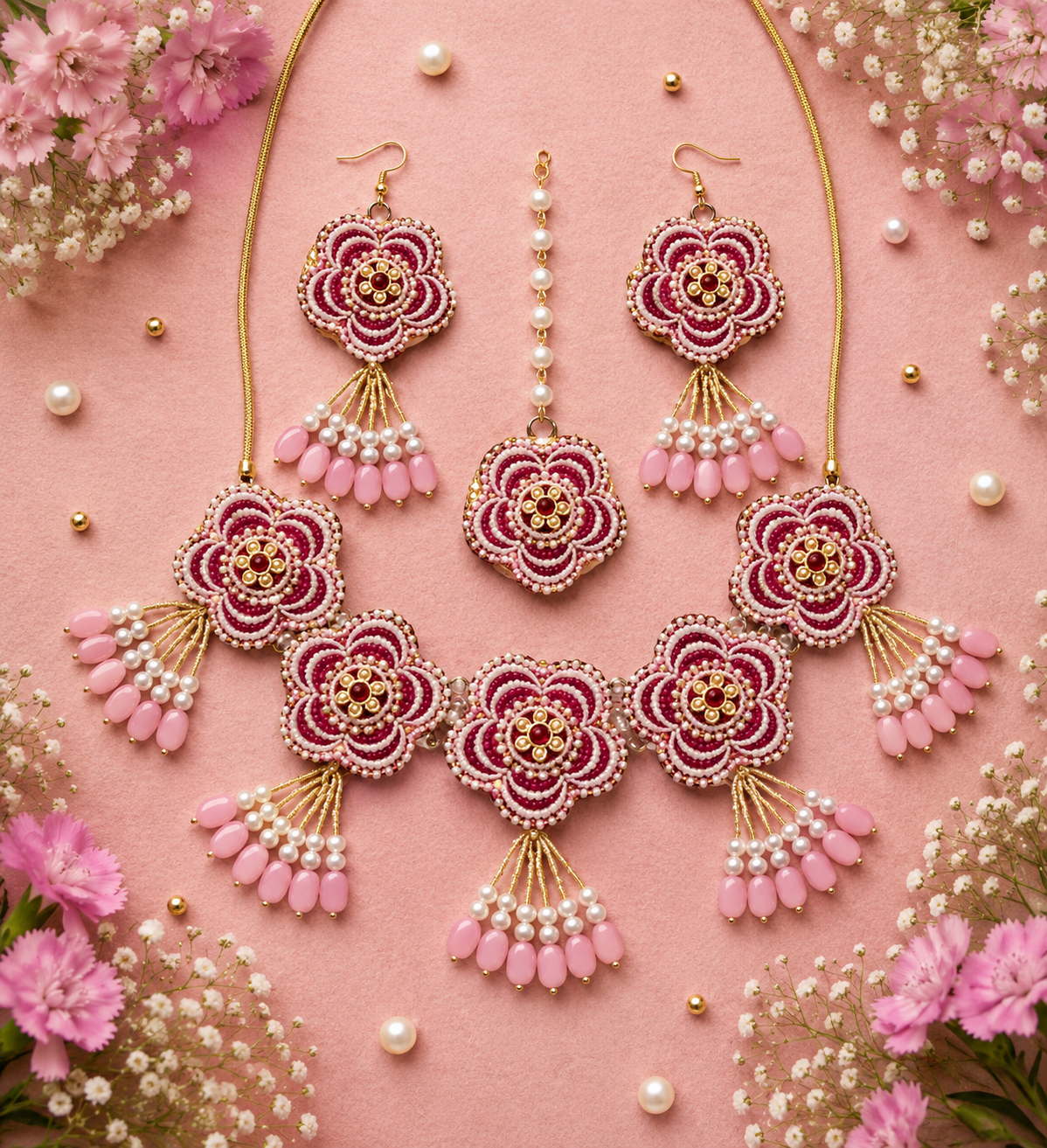 Handmade Pink Floral Beaded Jewelry Set – Statement Necklace, Earrings, Maang Tikka & Bangles for Wedding, Mehendi, Bridal & Festive Wear