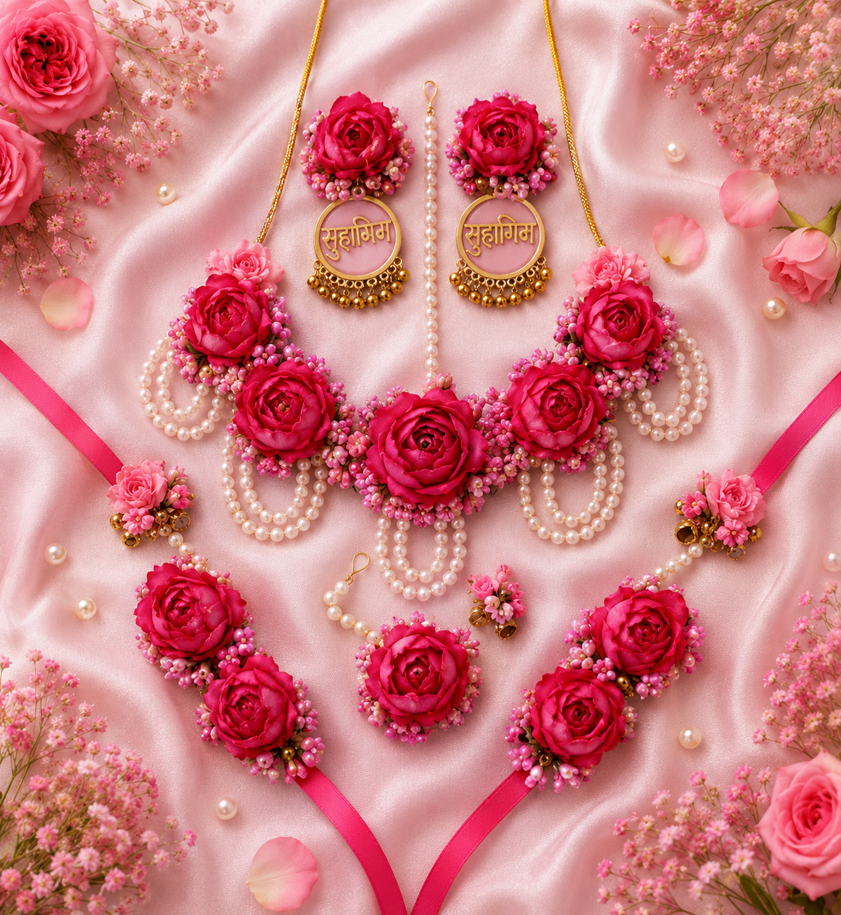 Premium Pink Rose Floral Bridal Jewelry Set – Handmade Necklace, Earrings, Maang Tikka, Haathphool & Bracelet Set for Wedding, Engagement & Bridal Wear