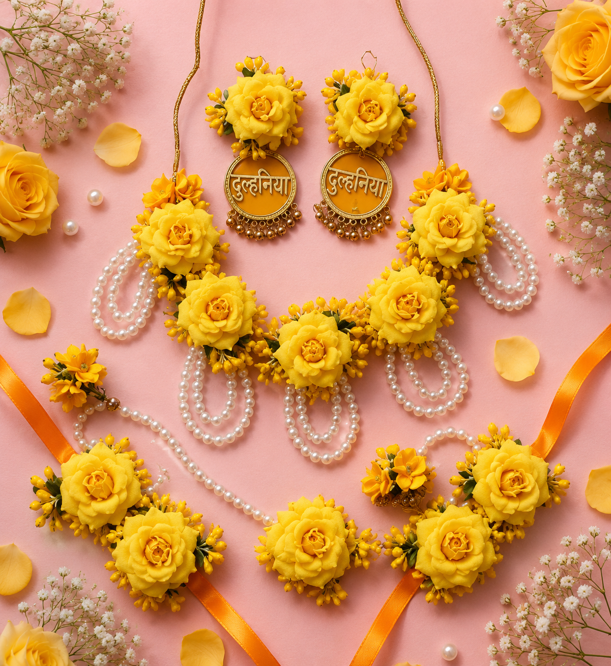 Royal Yellow Rose Floral Bridal Jewelry Set – Handmade Necklace, Earrings, Maang Tikka, Haathphool & Bracelet Set for Haldi, Mehendi, Wedding & Bridal Functions
