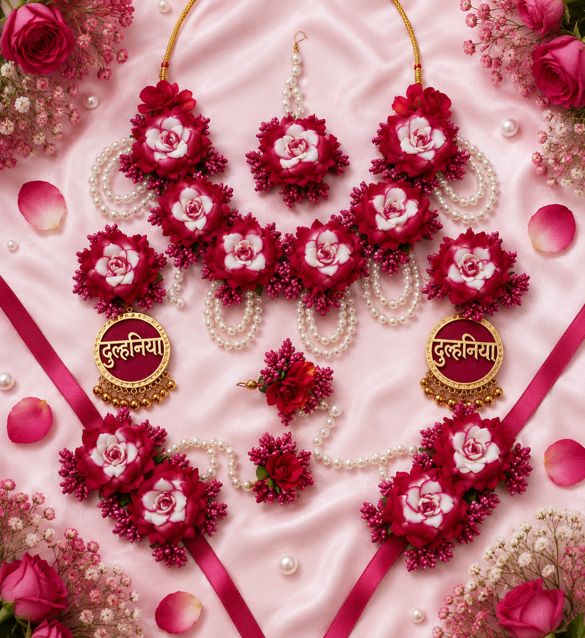 Luxury Pink Rose Floral Bridal Jewelry Set – Handmade Necklace, Earrings, Maang Tikka, Haathphool & Bridal Bracelet Set for Wedding, Engagement, Mehendi & Bridal Wear