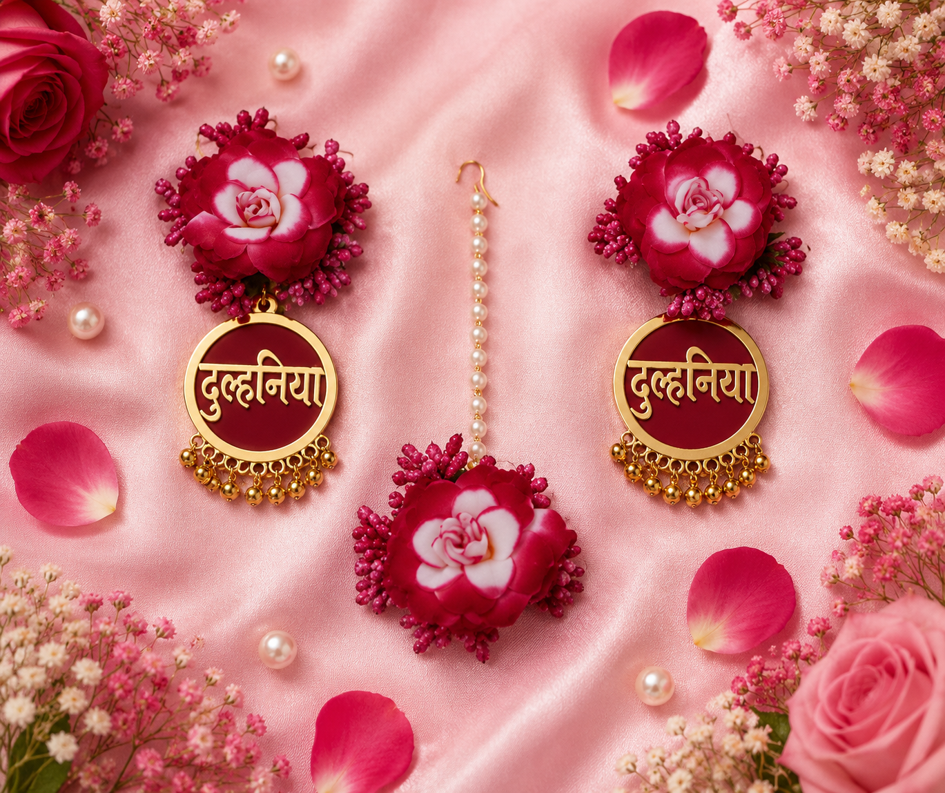 Luxury Pink Rose Floral Bridal Jewelry Set – Handmade Necklace, Earrings, Maang Tikka, Haathphool & Bridal Bracelet Set for Wedding, Engagement, Mehendi & Bridal Wear