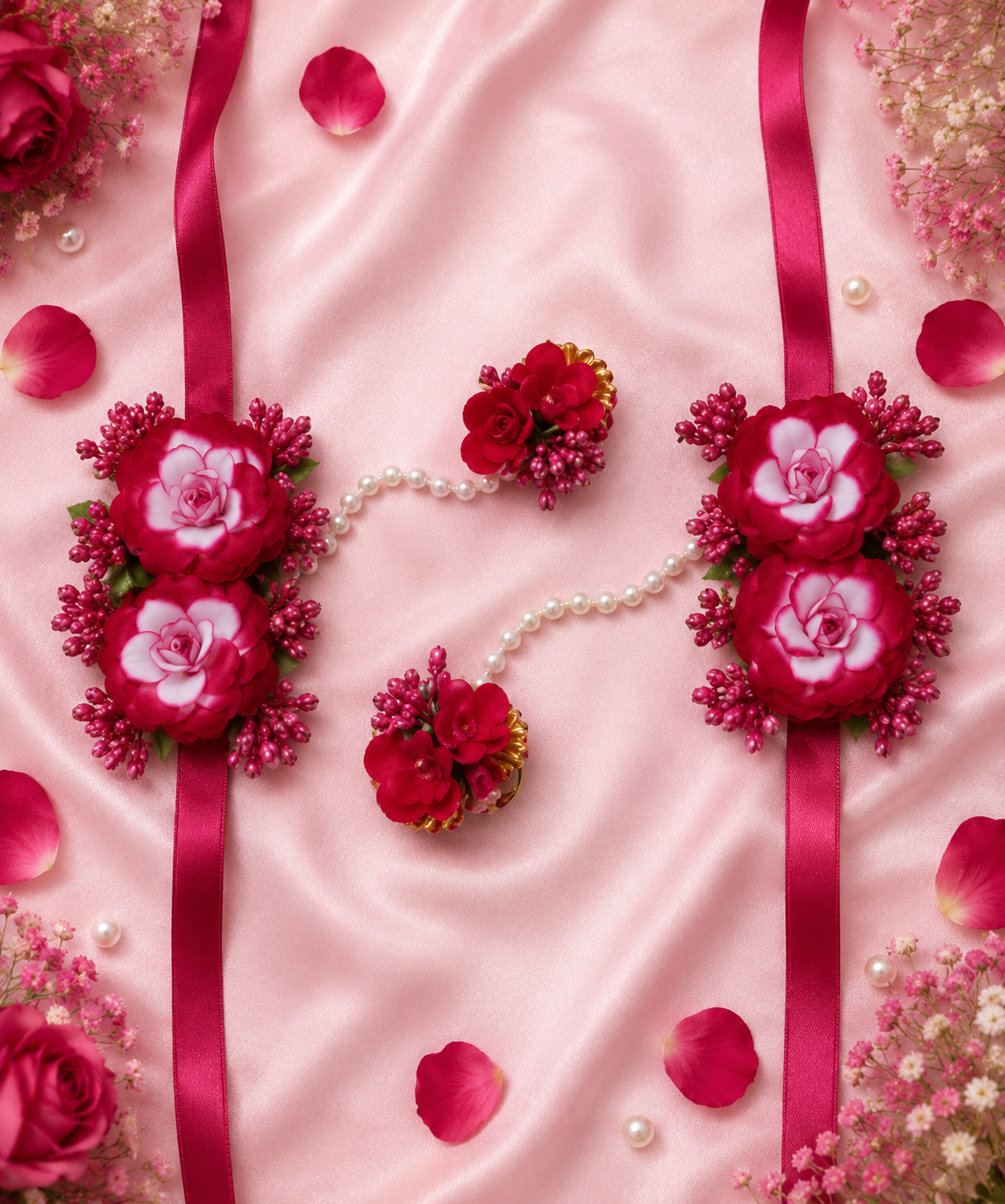 Luxury Pink Rose Floral Bridal Jewelry Set – Handmade Necklace, Earrings, Maang Tikka, Haathphool & Bridal Bracelet Set for Wedding, Engagement, Mehendi & Bridal Wear